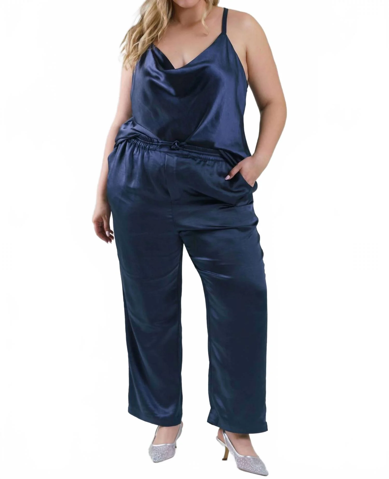 Pull On Satin Pants - Plus Size In Navy