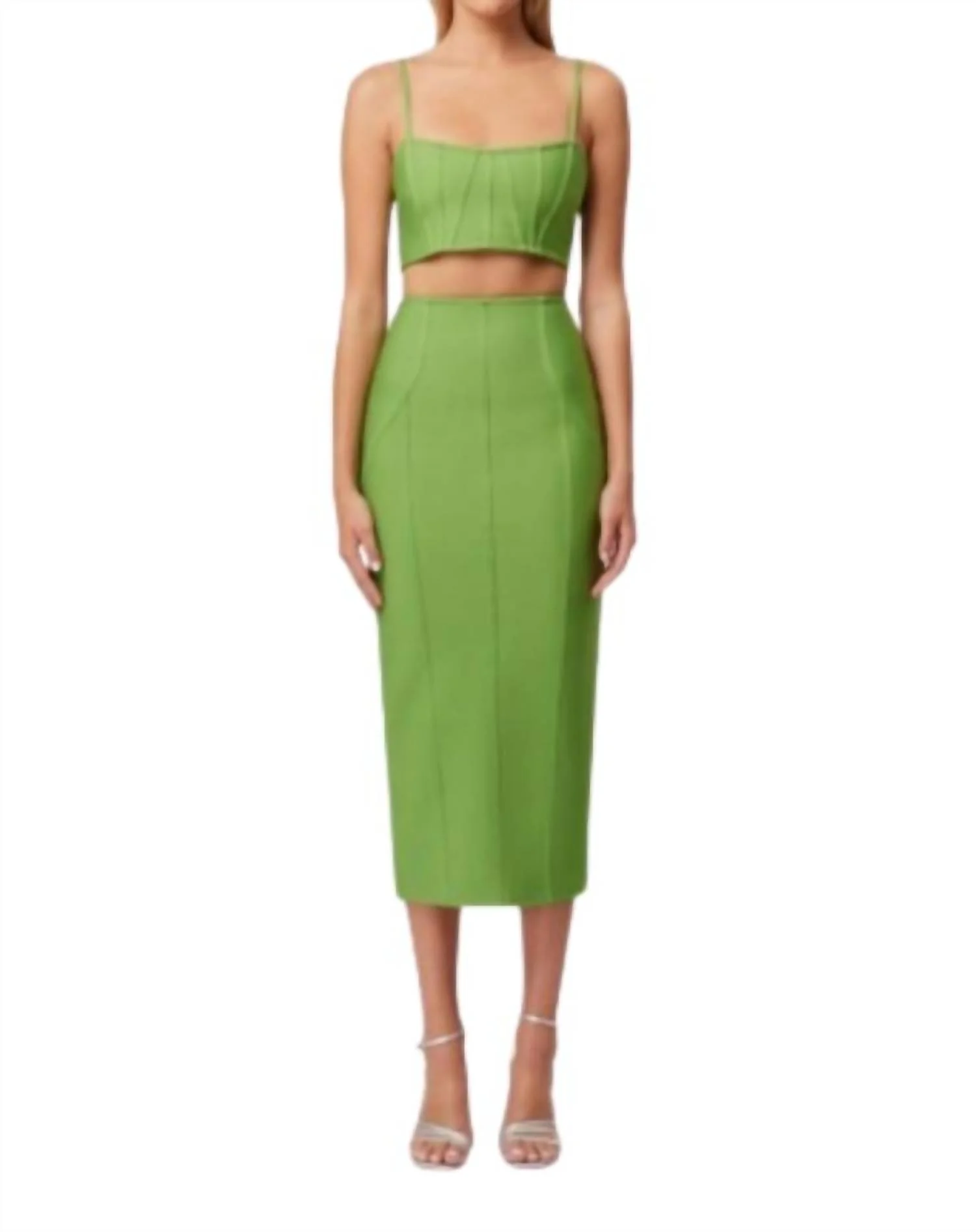 Rose Crop Top And Midi Skirt Set In Ferngreen