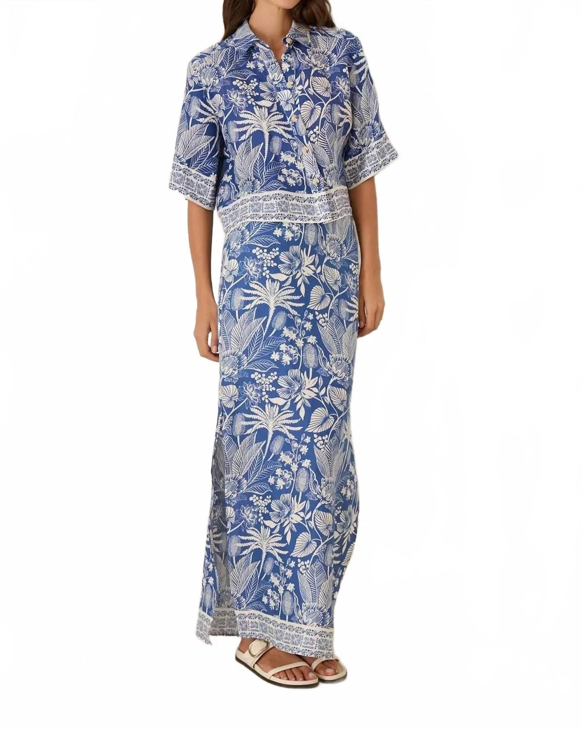 Boxy Shirt And Linen Skirt Set In Print