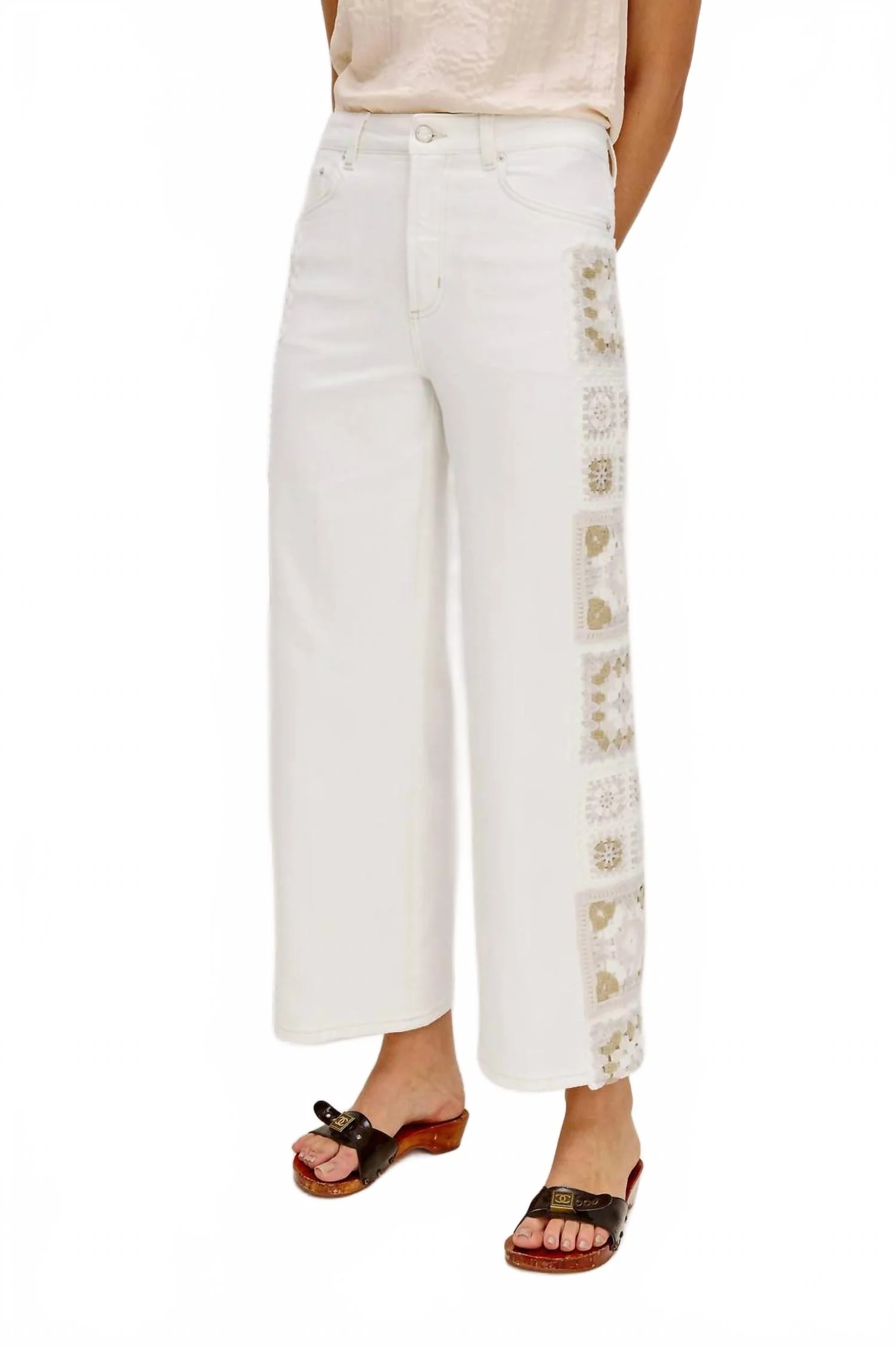 Getty Crop Wide Leg Jeans In Vintage Ecru Crochet