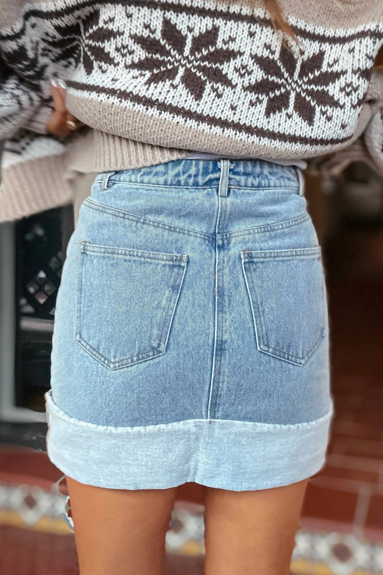 Cuffed Denim Mini Skirt In Light Wash
