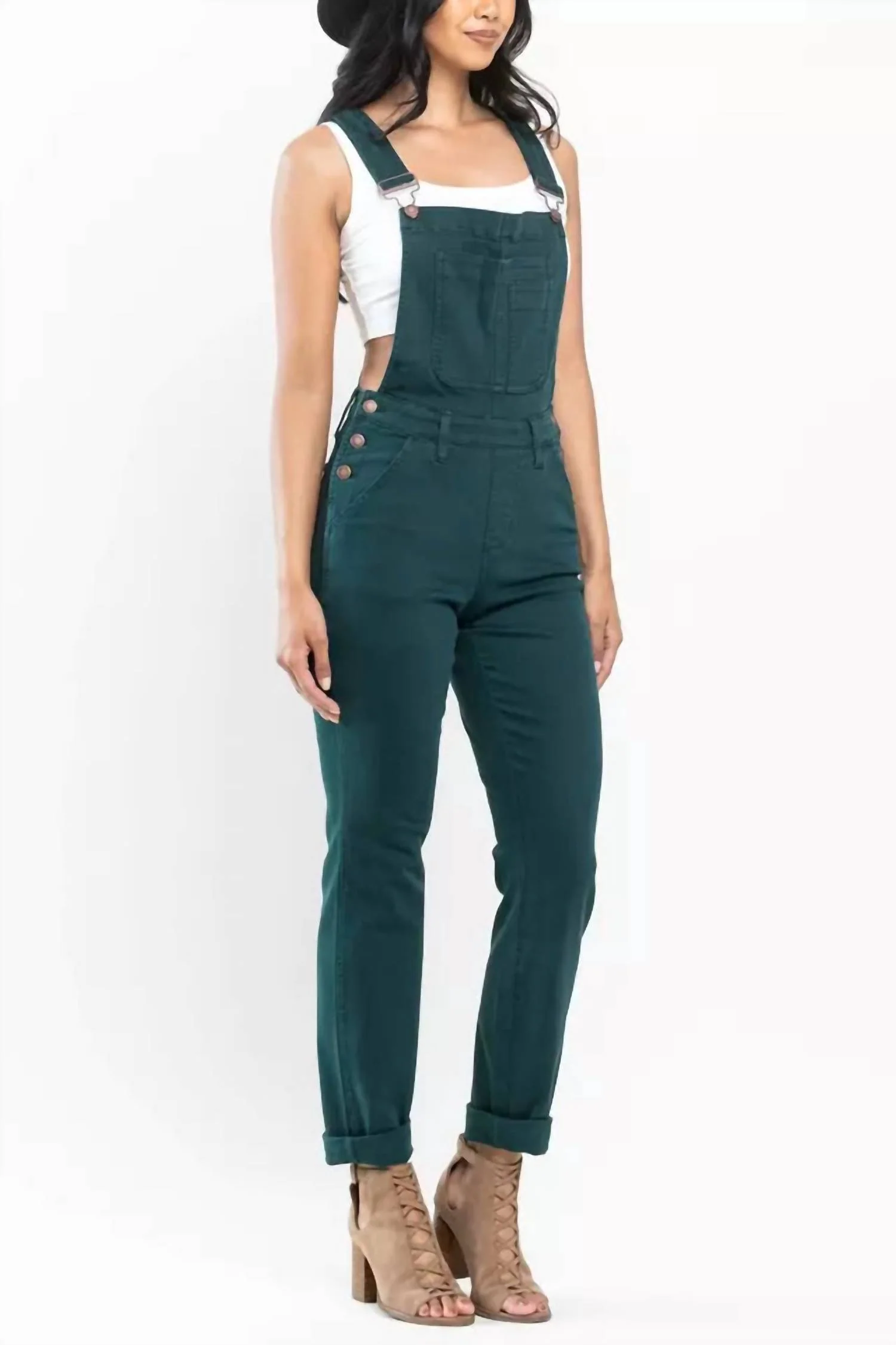 Garment Dyed High Rise Double Cuffed Overalls In Teal