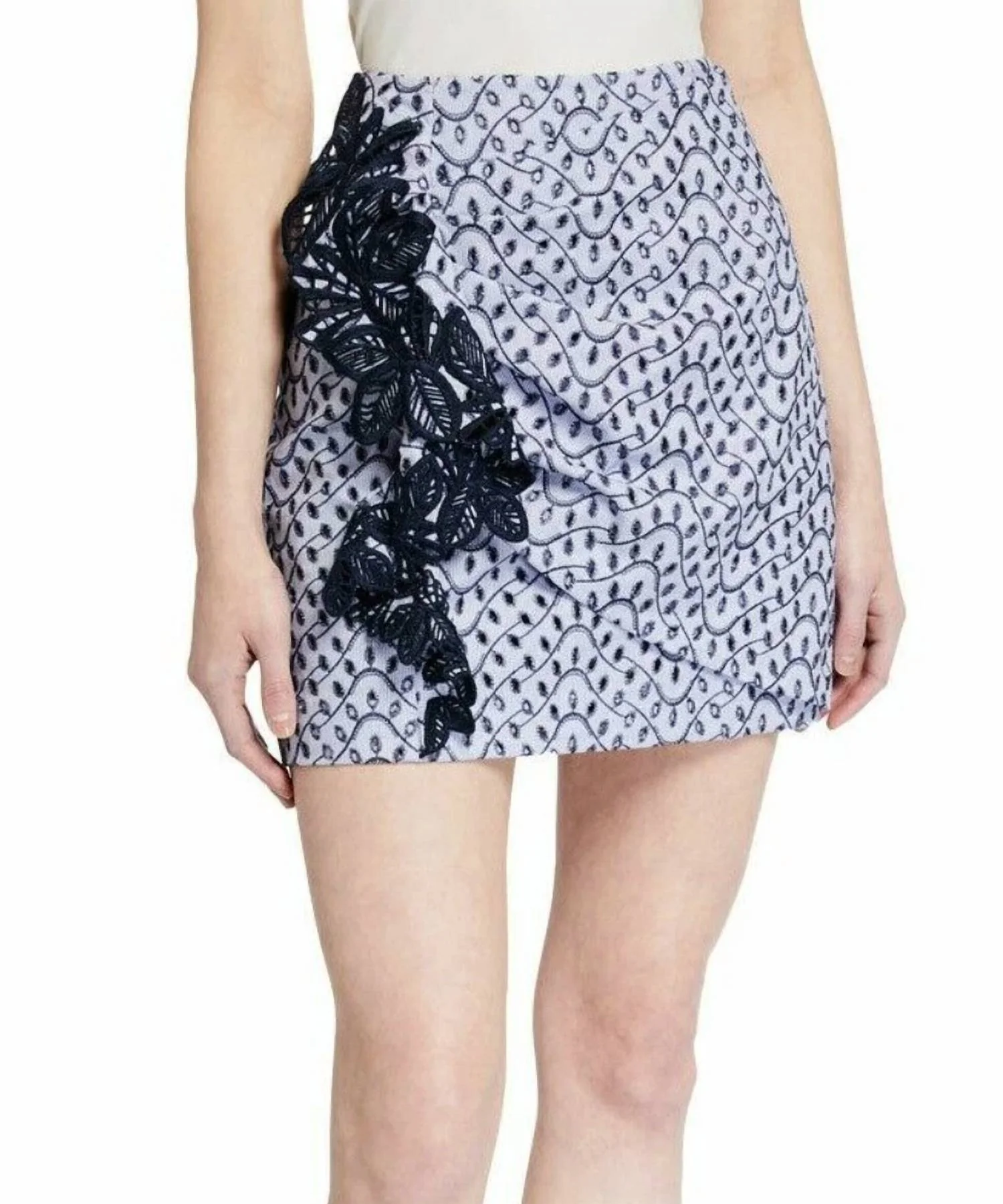 Lanah Embroidered Ruched With Lace Trim Skirt In Blue