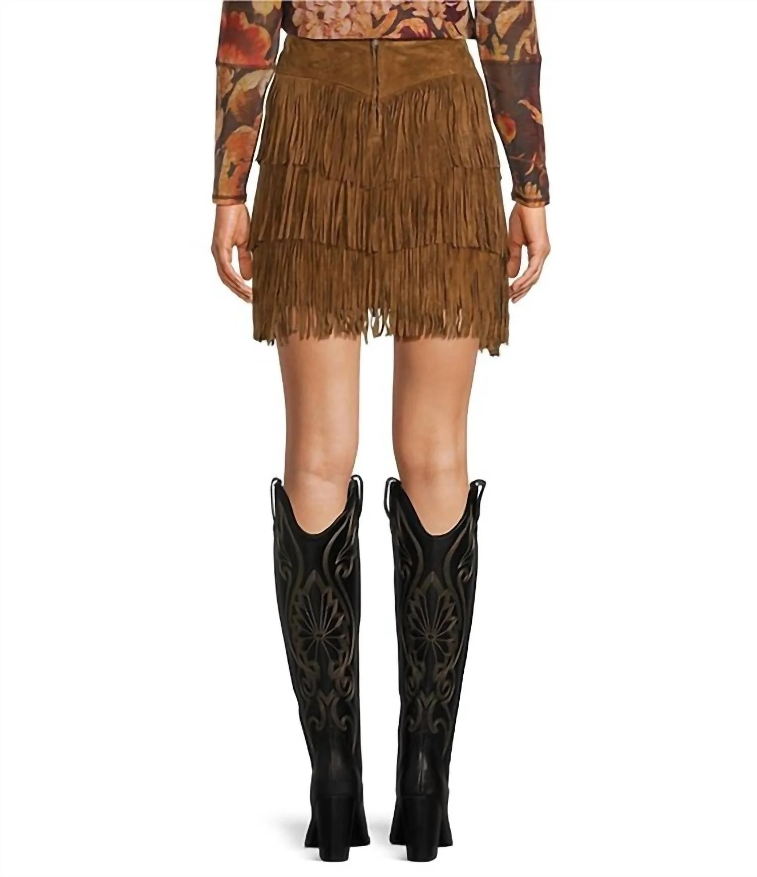 Suede Fringe Short Skirt In Cinnamon