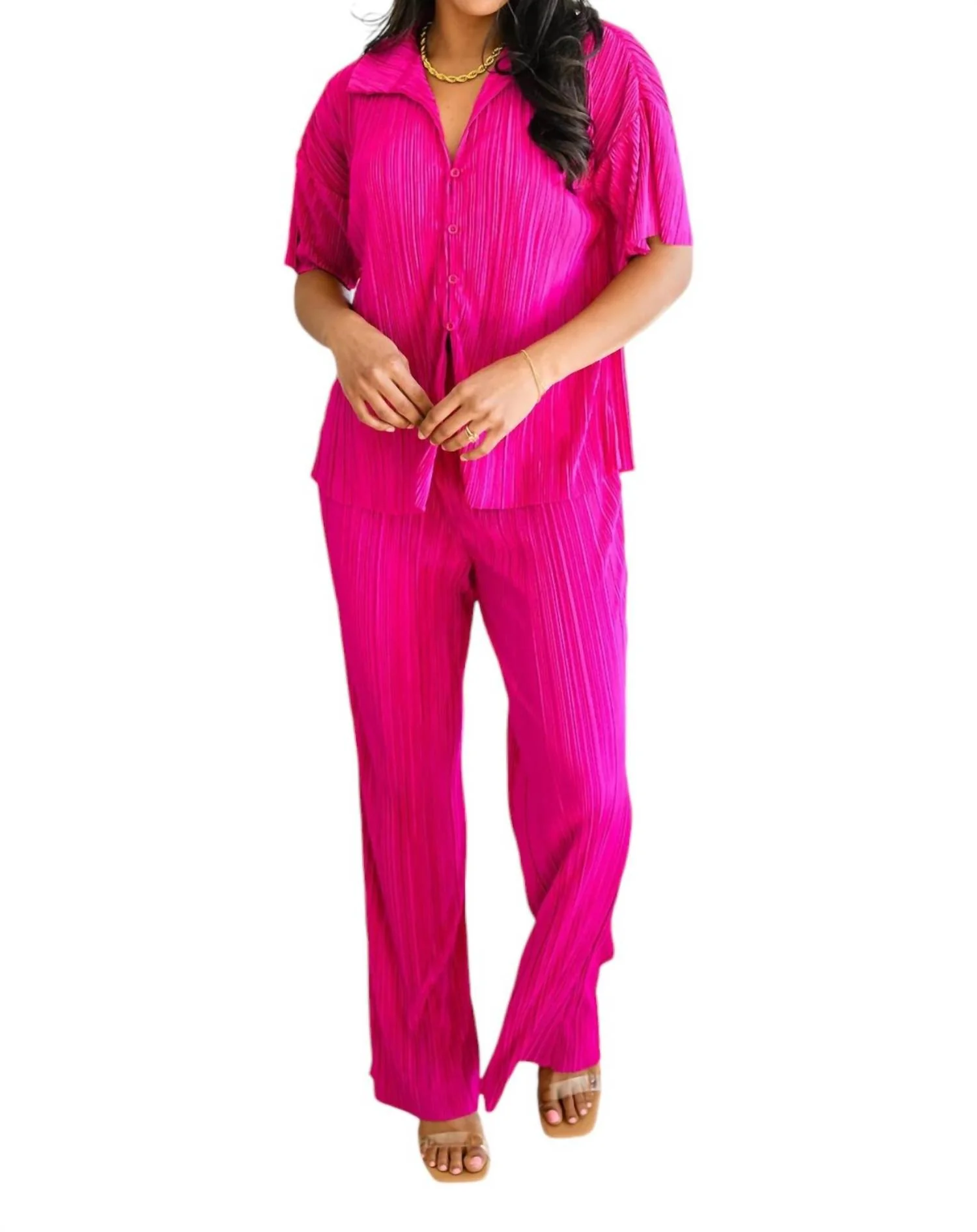 Low Key Perfect Plisse Set In Hot Pink