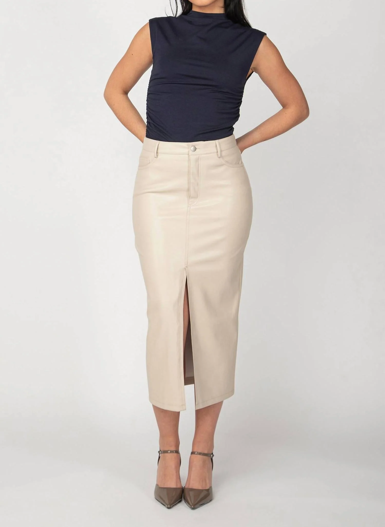 Faux Leather Midi Skirt In Bone