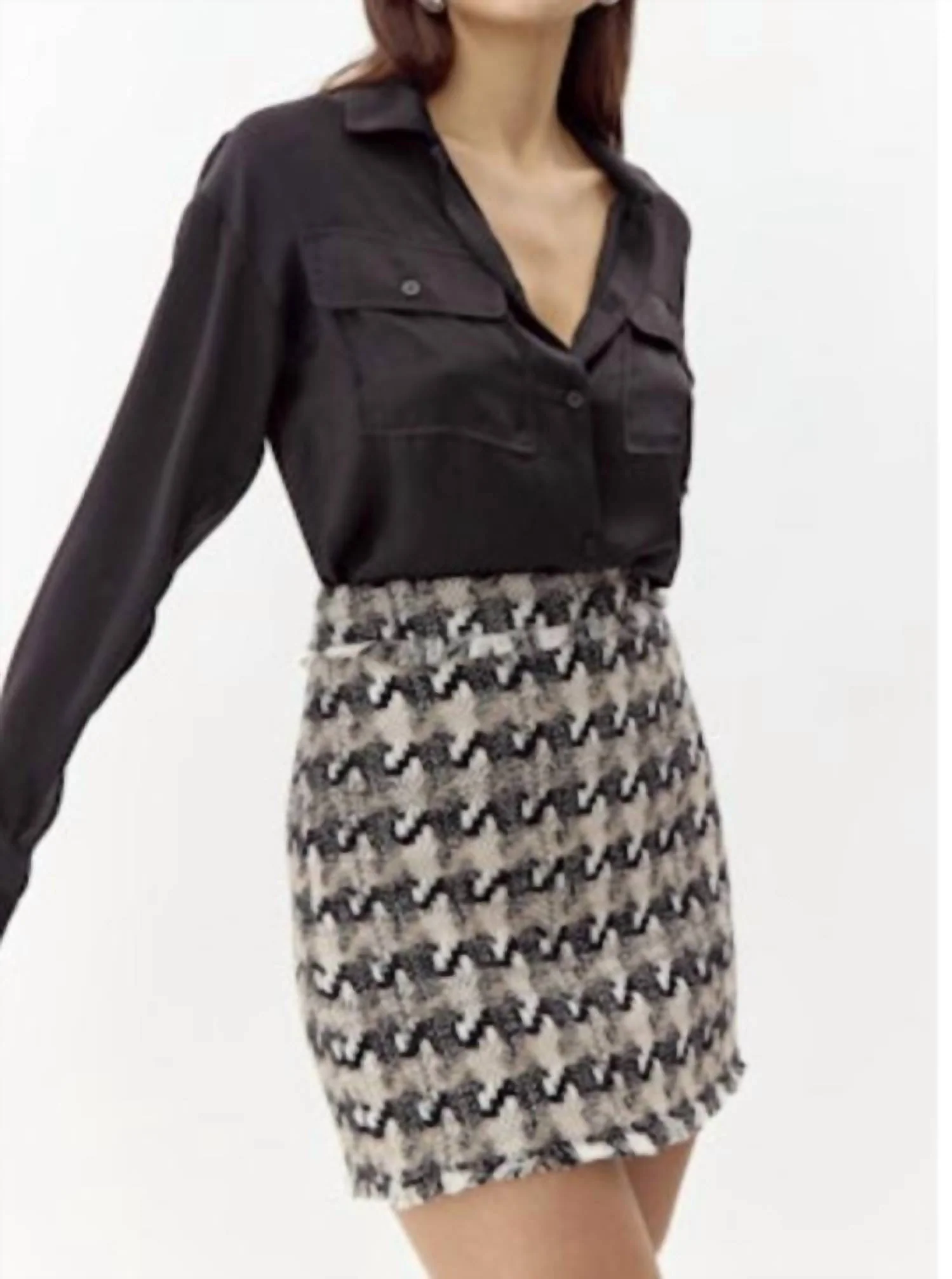 Lenny Houndstooth Tweed Mini Skirt In Black/taupe/white