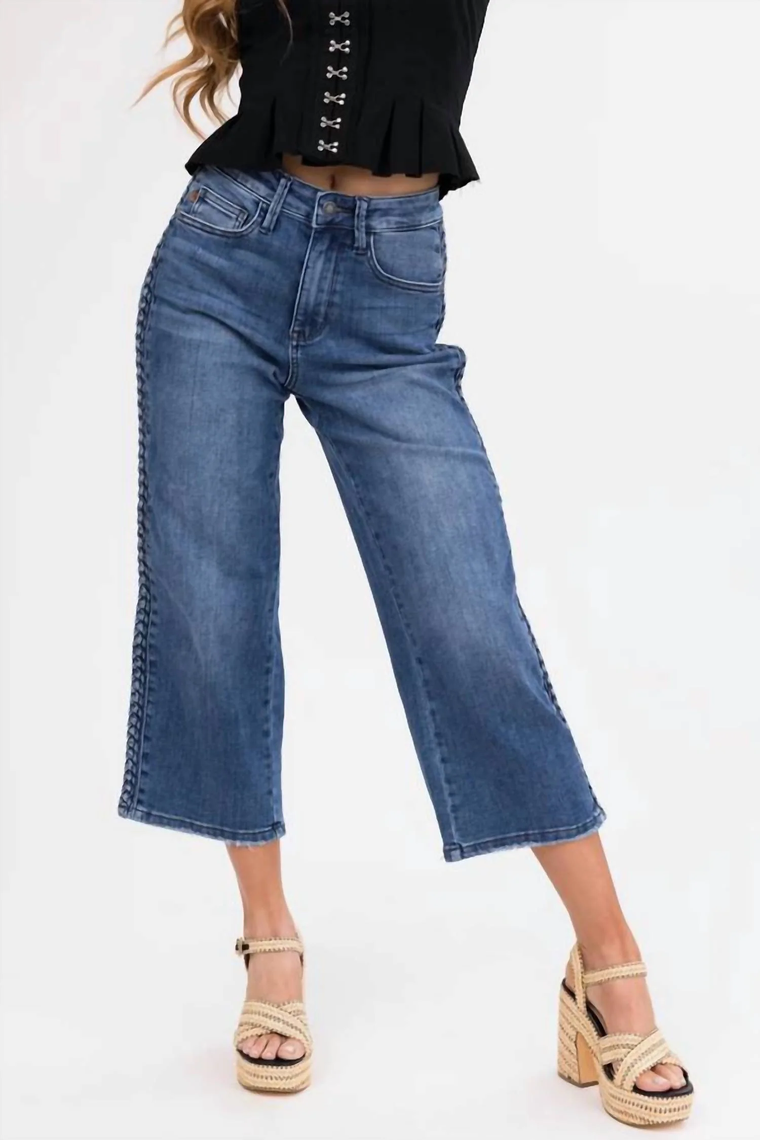 High Waist Braided Cropped Wide Leg Jeans In Blue
