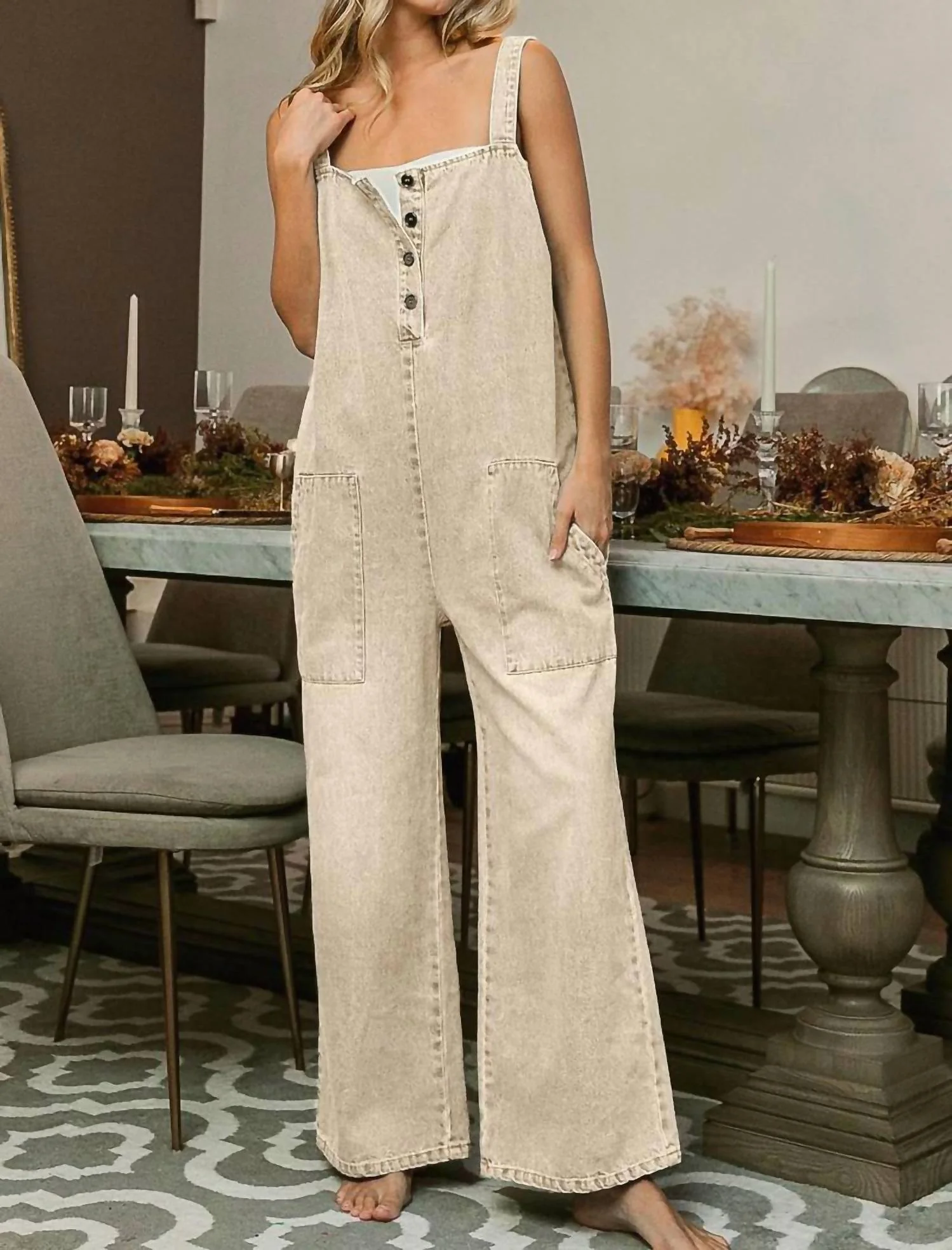 Washed Denim Overall Jumpsuit With Pockets In Oatmeal
