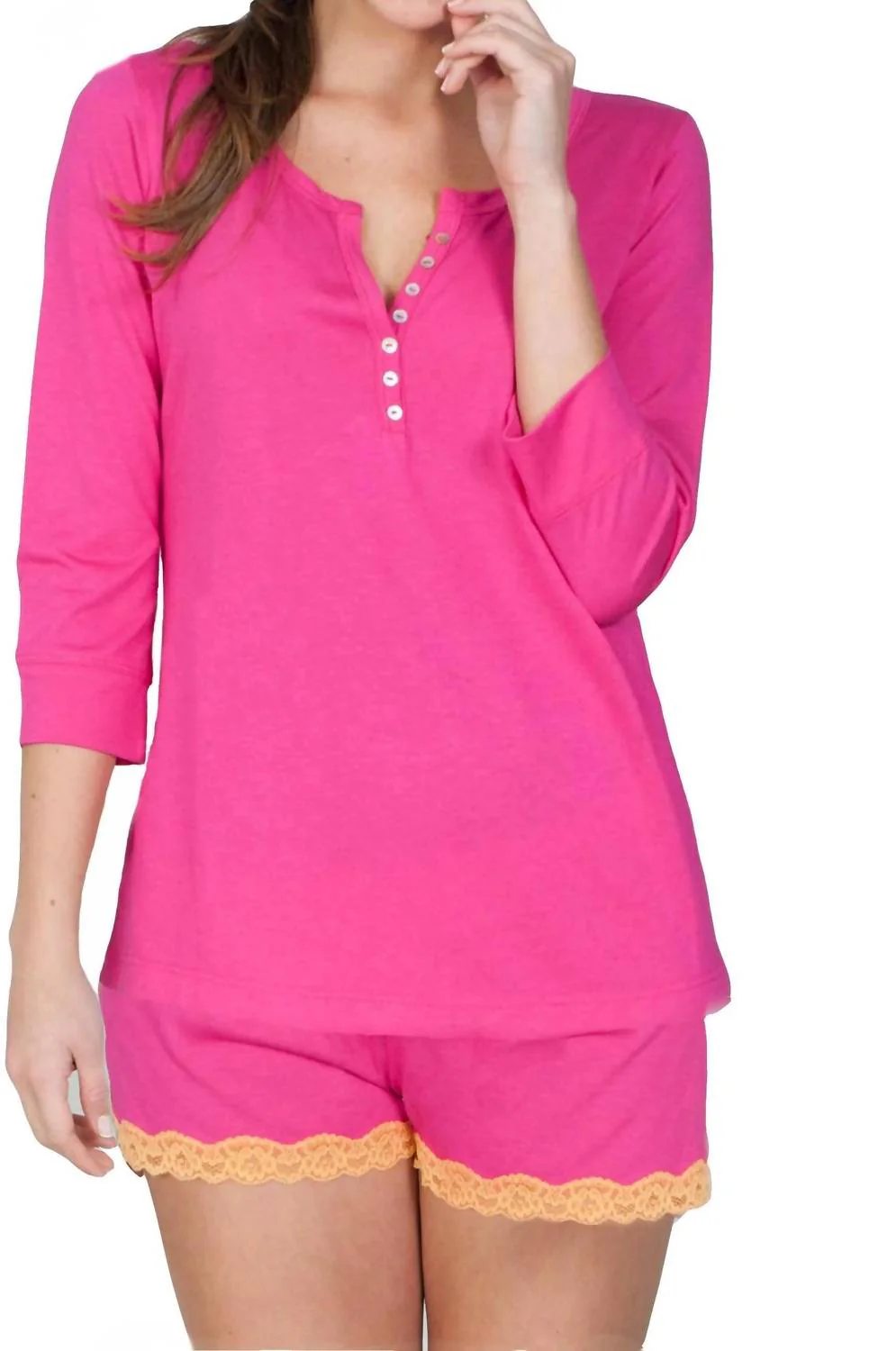 Adriana 3/4 Sleeve Henley Shorty Pajama Set In Magenta