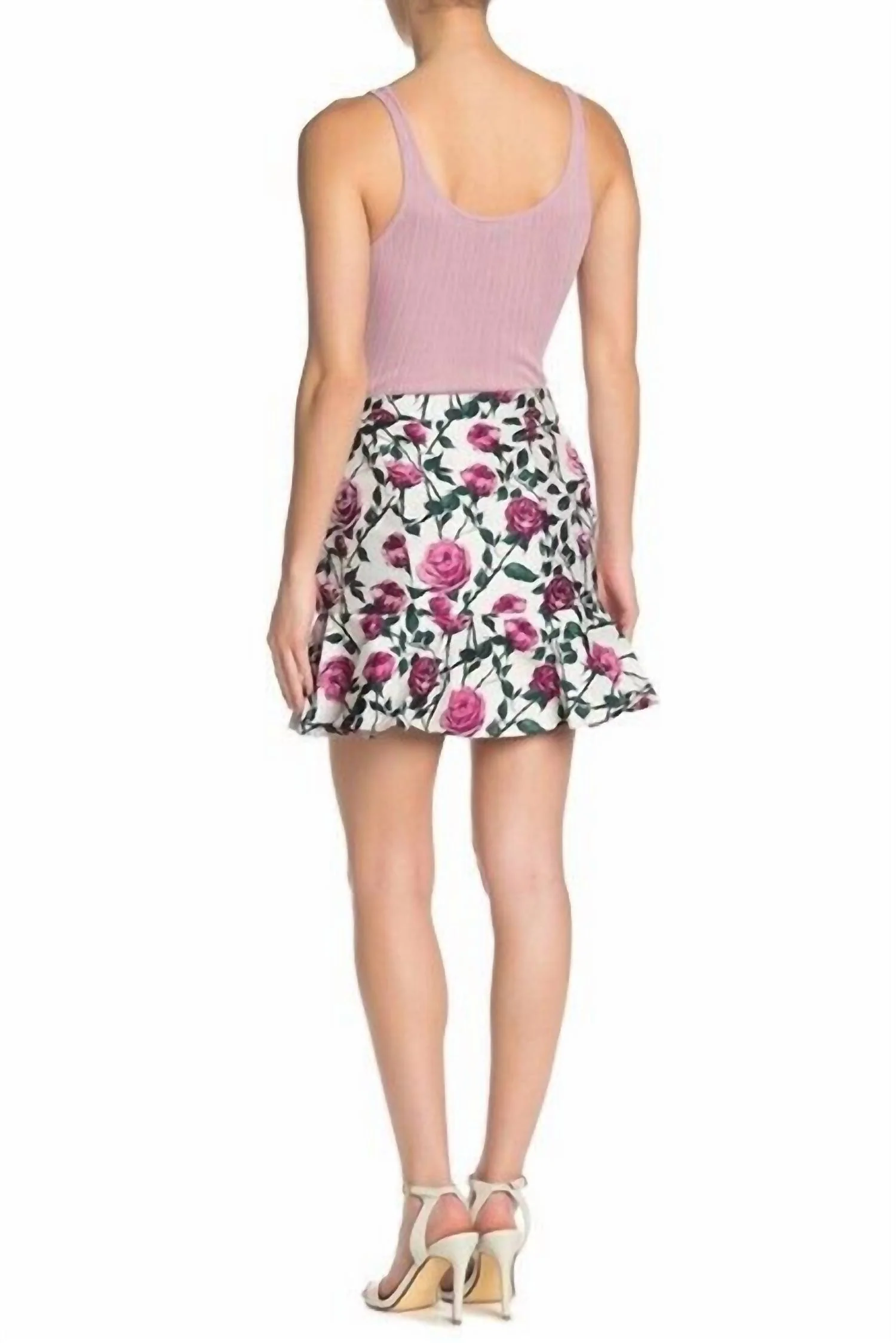 Floral Print Jacquard Ruffled Hemline Mini Skirt In Magenta Combo