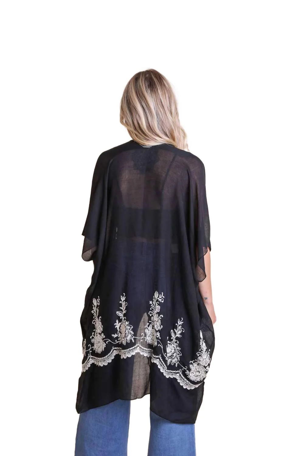 Lightweight Floral Embroidered Tassels Boho Festival Kimono Wrap In Black