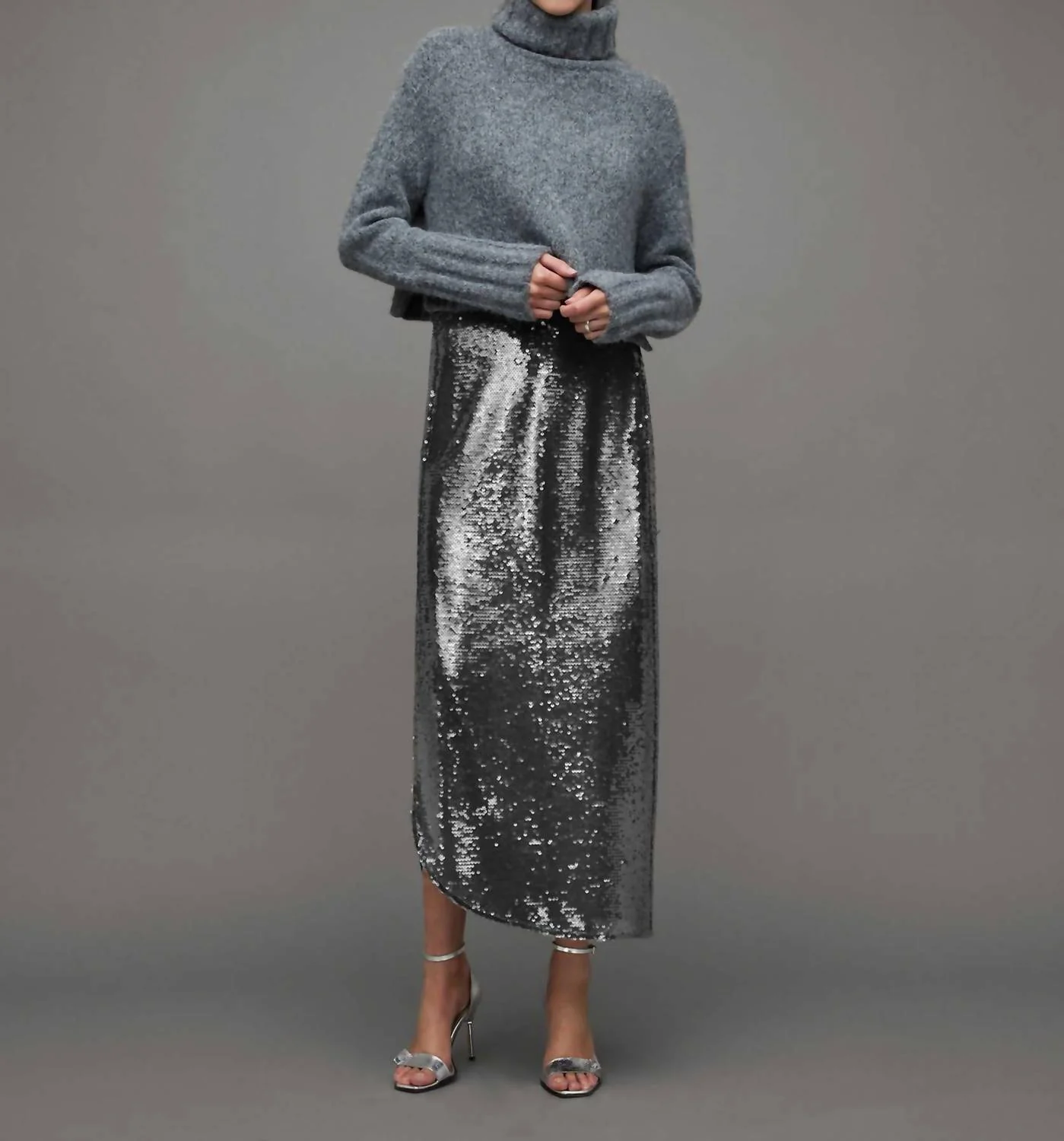 Opal Sparkle Midi City Sequin Skirt In Smoke Grey