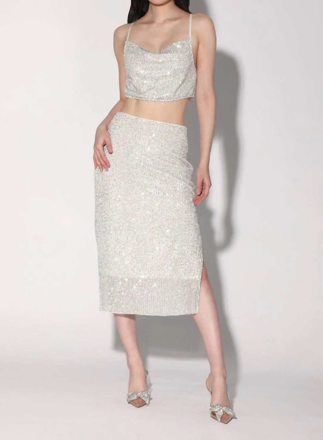 Crista Sequin Side Slit Midi Skirt In Ice