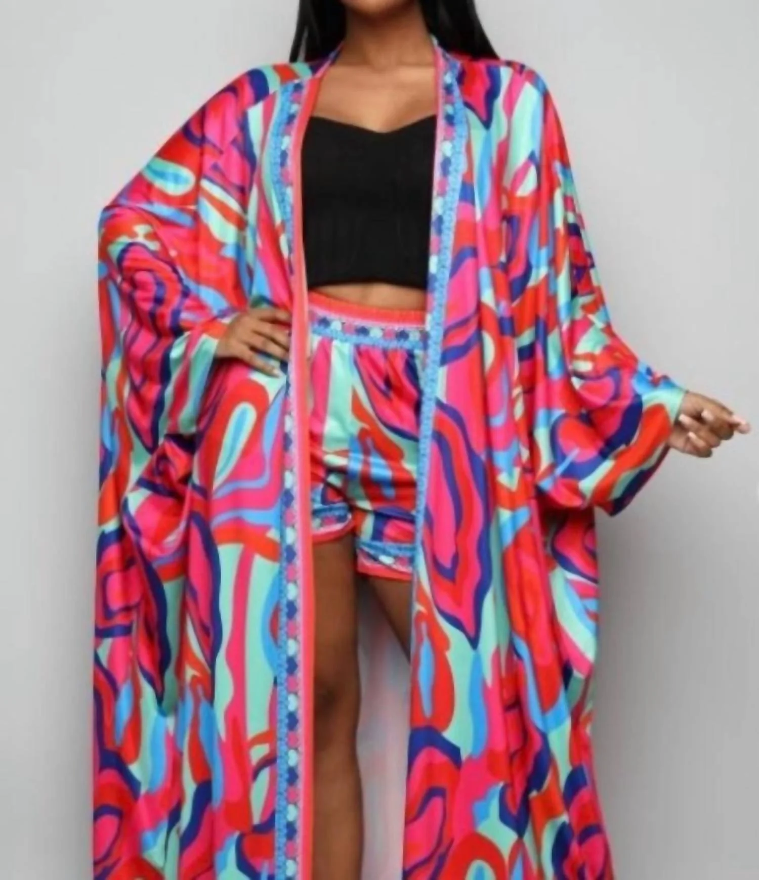 Alia Kimono Short Set In Pink Multi Print