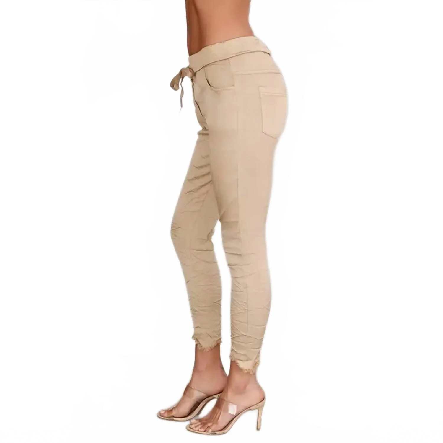 Fringe Hem Satin Crinkle Joggers In Caramel