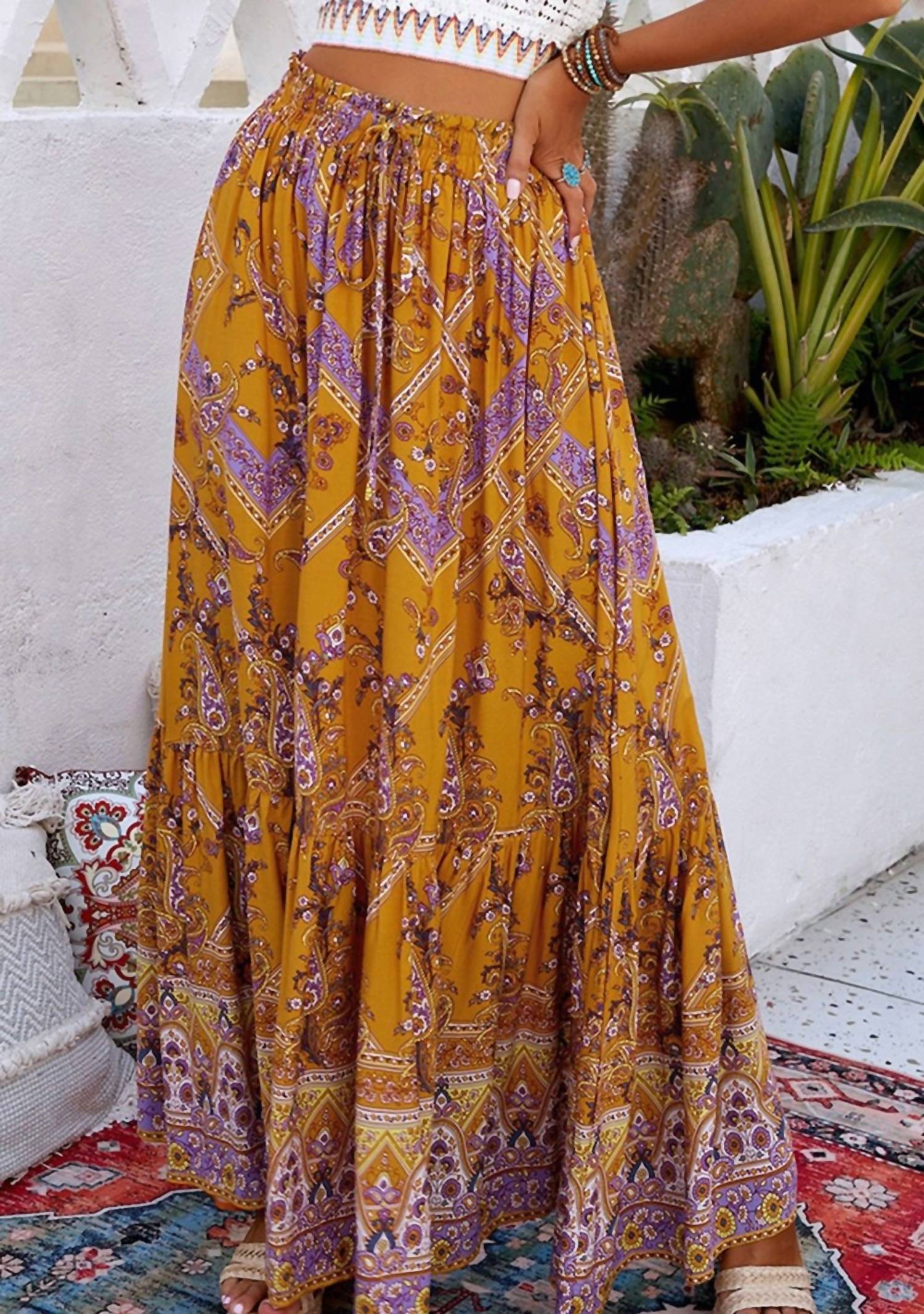 Boho Floral Print Ruffled Elastic High Waist Maxi Skirt In Orange