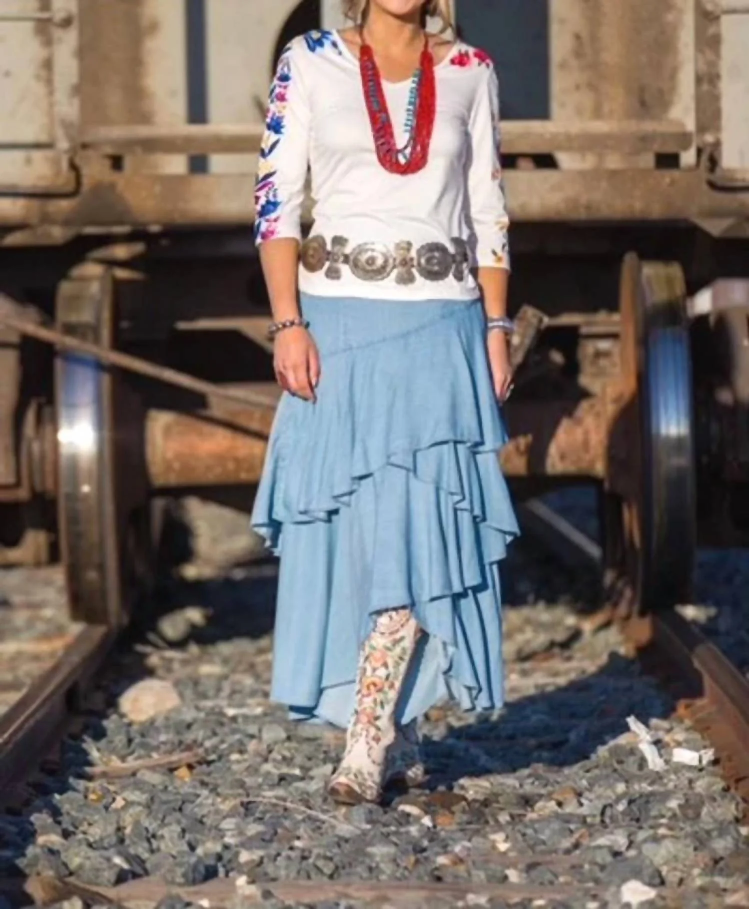 Austin Denim 3 Tiered Skirt In Blue