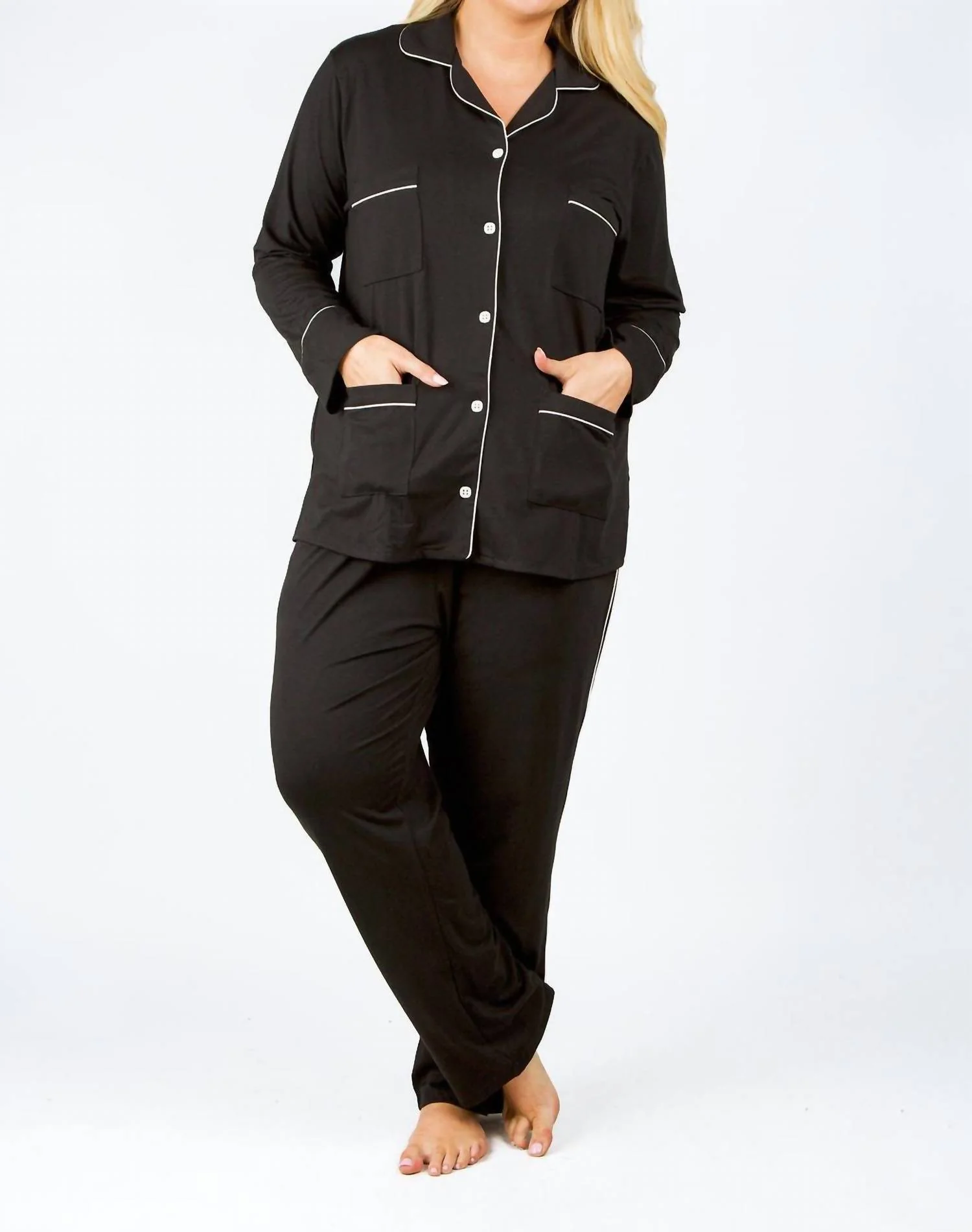 Four Pocket Cotton Pajamas - Plus Size In Black