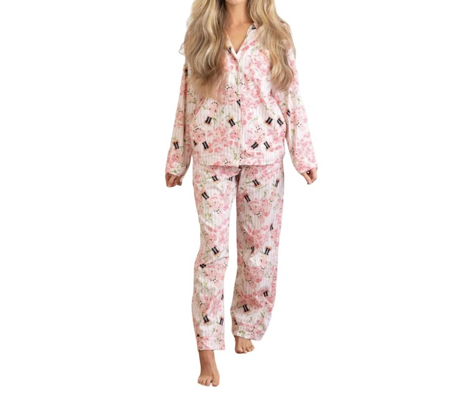 Flannel Long Pajama Set In Nutcracker Rose