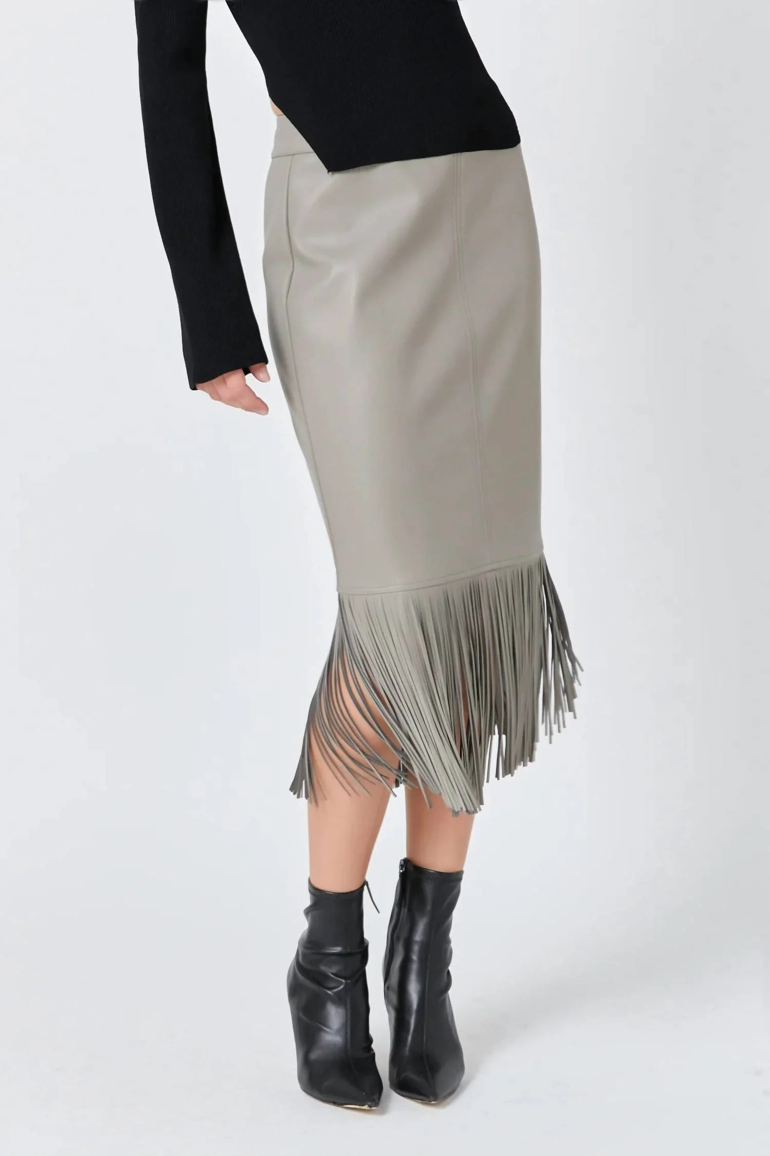 Fringe Faux Leather Midi Skirt In Taupe