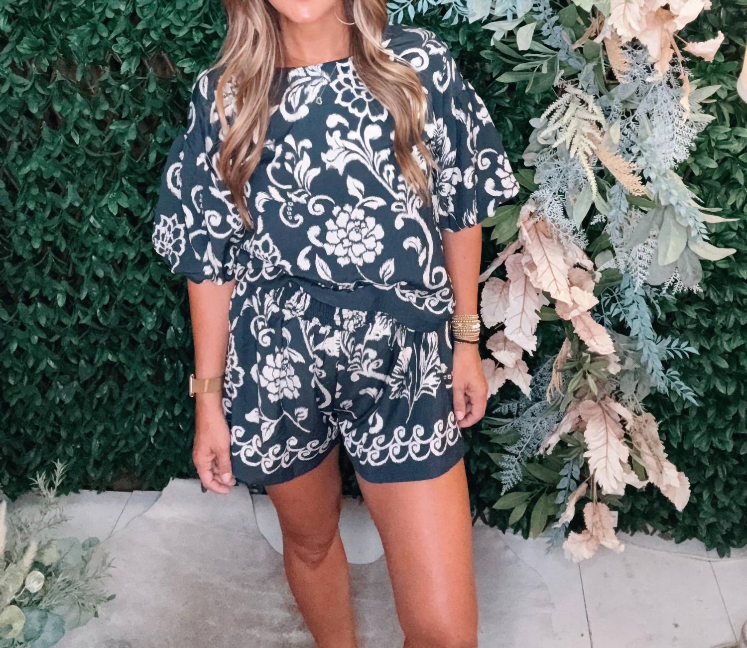 Printed Short Sleeve Set In Navy