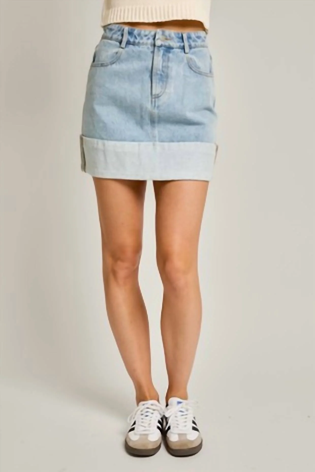 High Waisted Cuffed Denim Mini Skirt In Light Denim