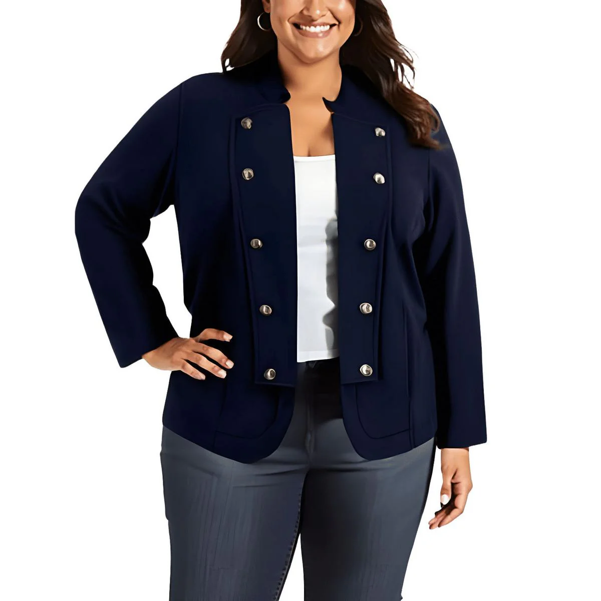Plus Womens Military Band Button Detail Open-Front Blazer