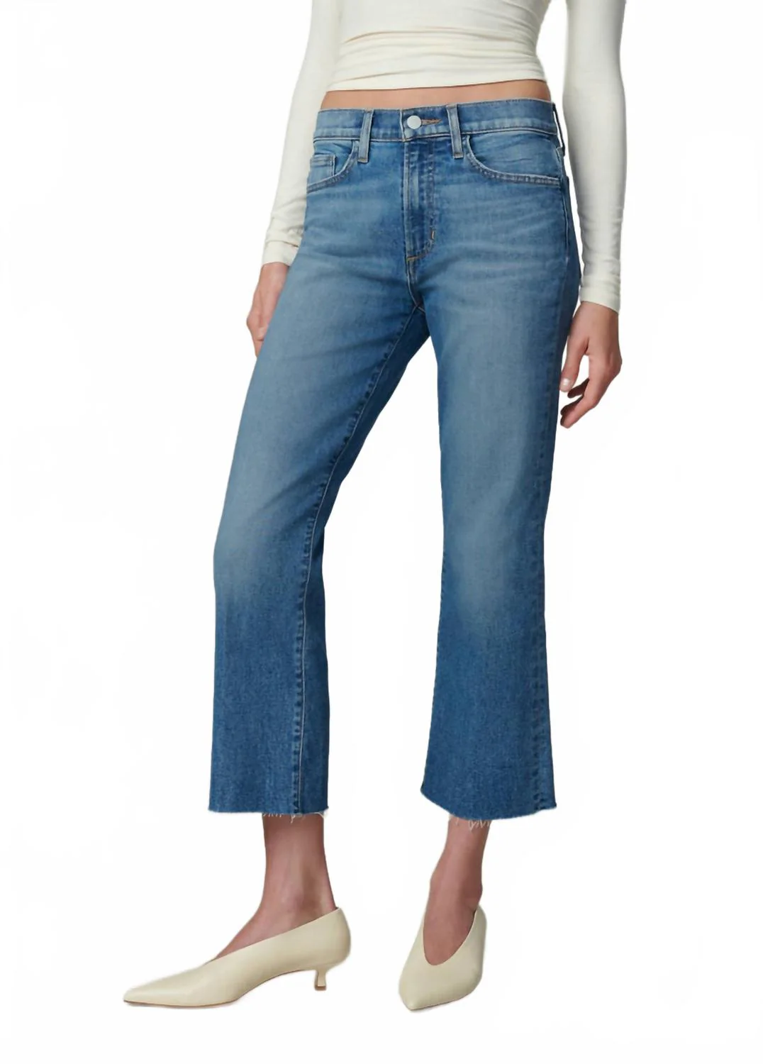Callie Raw Hem Cropped Bootcut Jeans In Blue