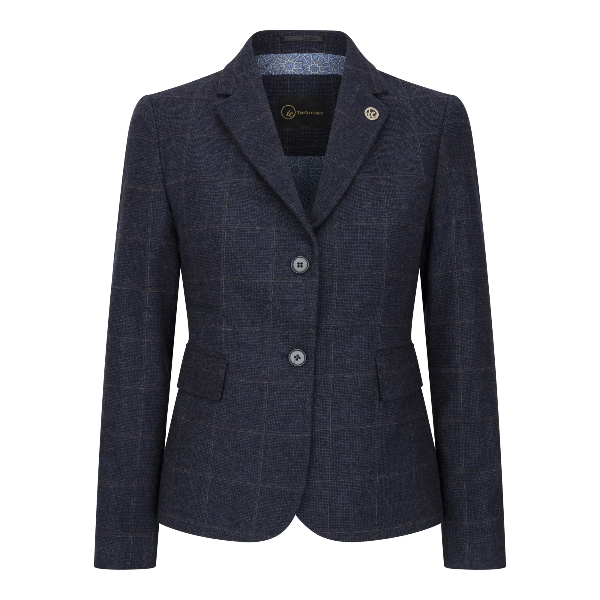 Women's Navy Tailored Fit 2 Piece Set Tweed Formal Blazer Waistcoat