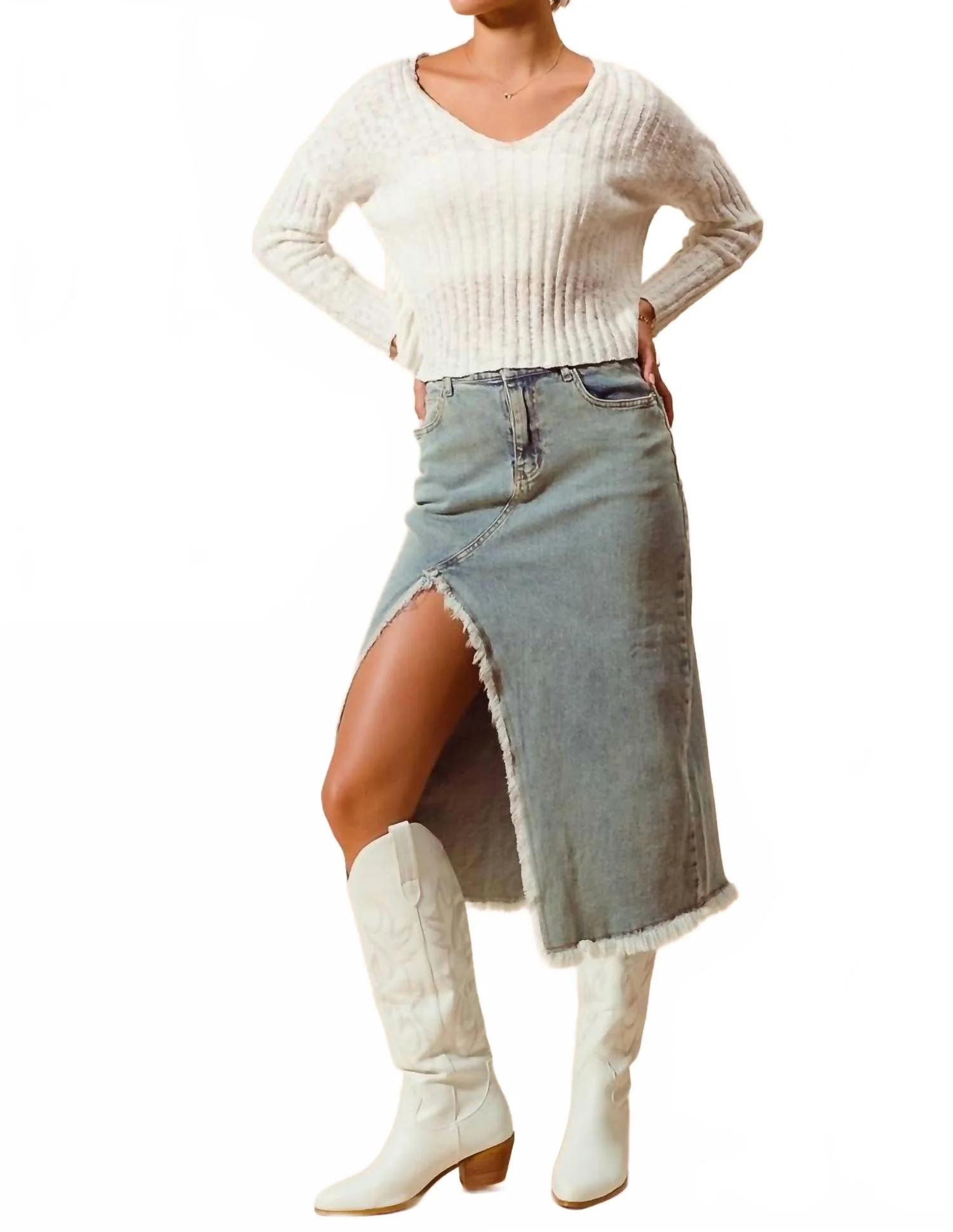 Midi Denim Front Slit Skirt