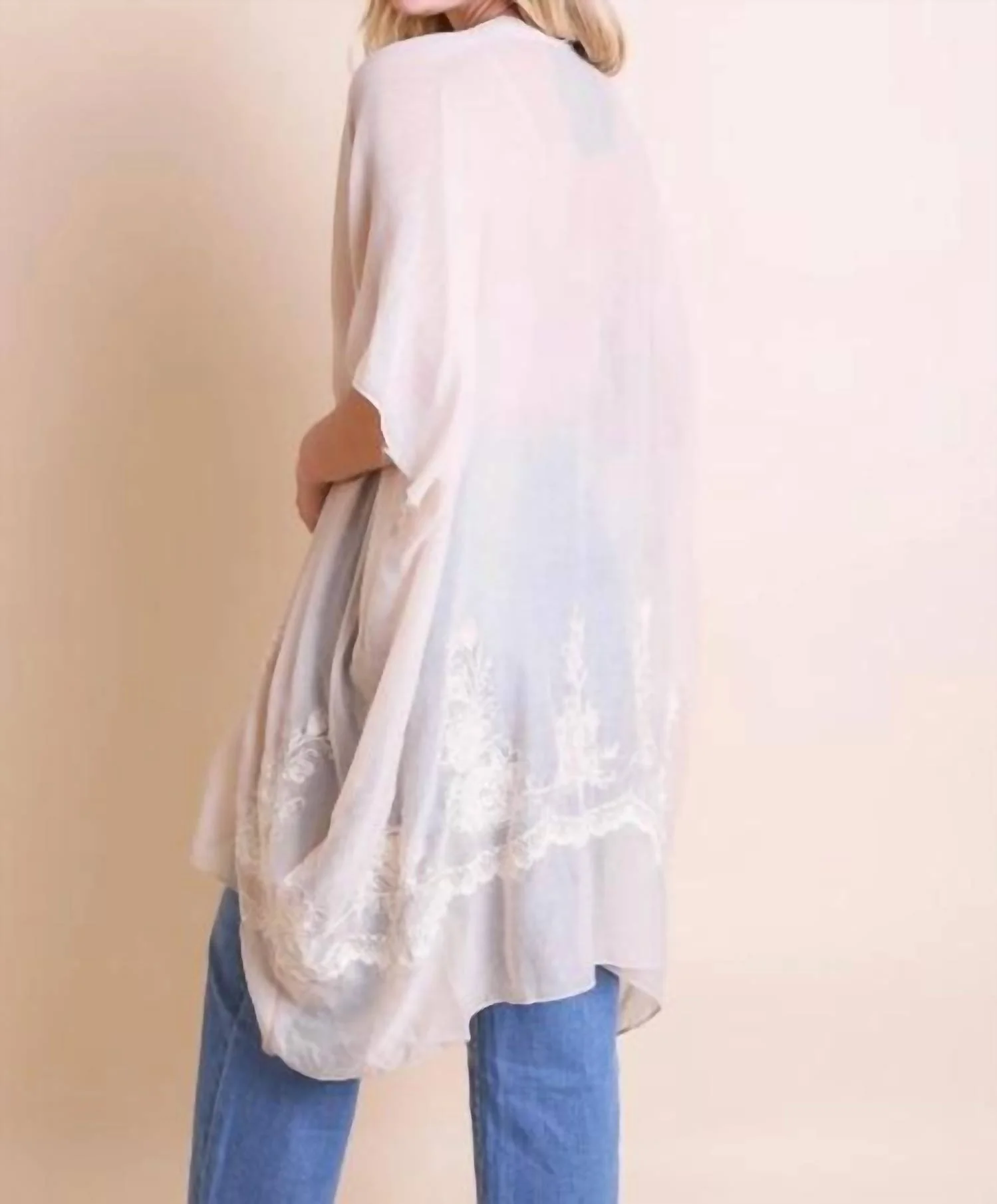 Lightweight Floral Embroidered Tassels Boho Festival Kimono Wrap In White