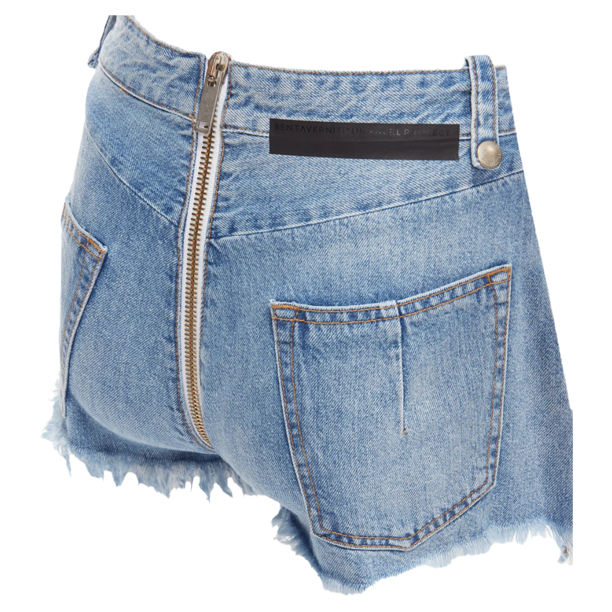 Unravel Project Denim Full Zip Crotch Fray Edge Wide Shorts