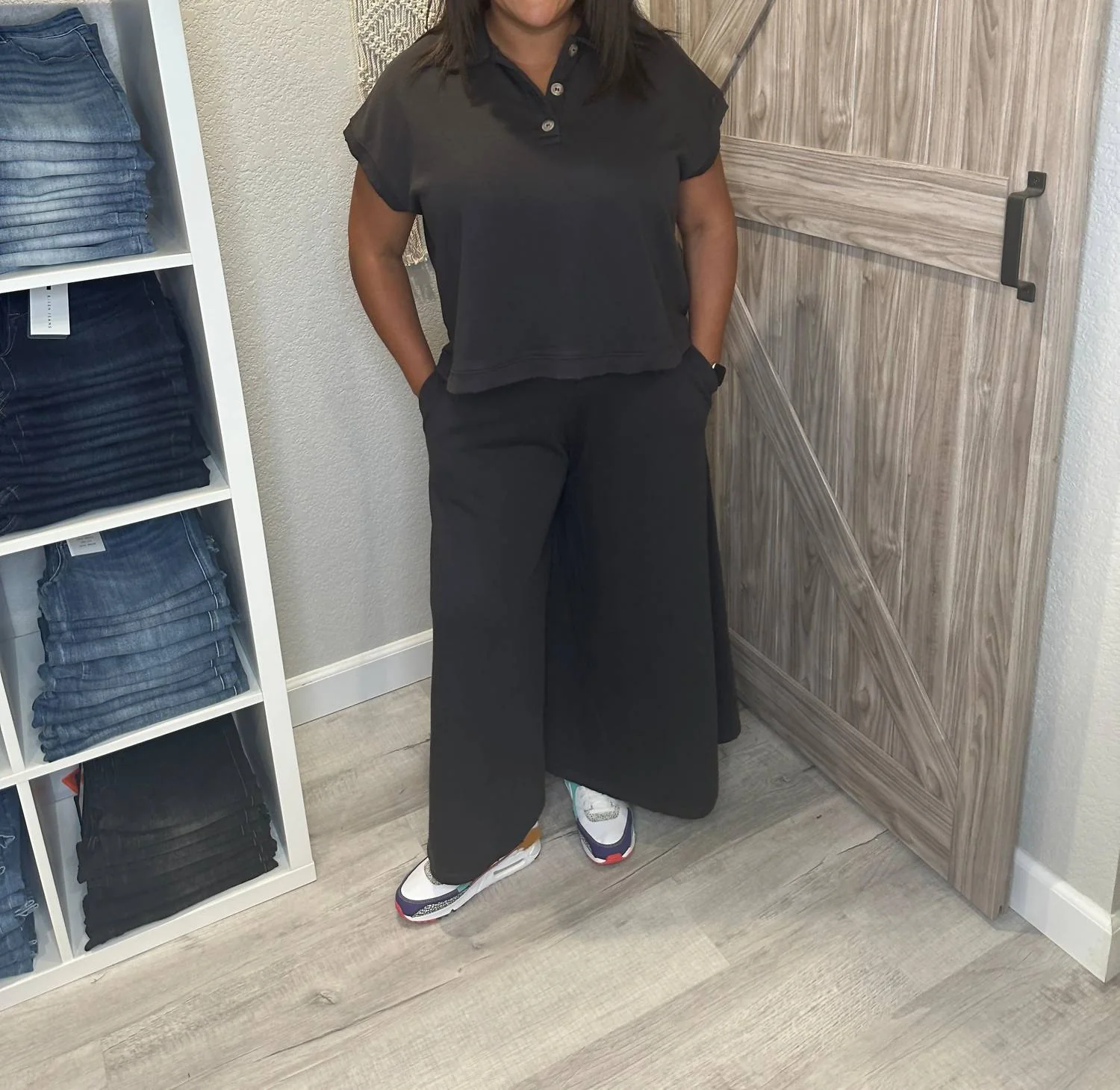 Distressed Top And Wide Leg Pants Matching Set In Faded Black