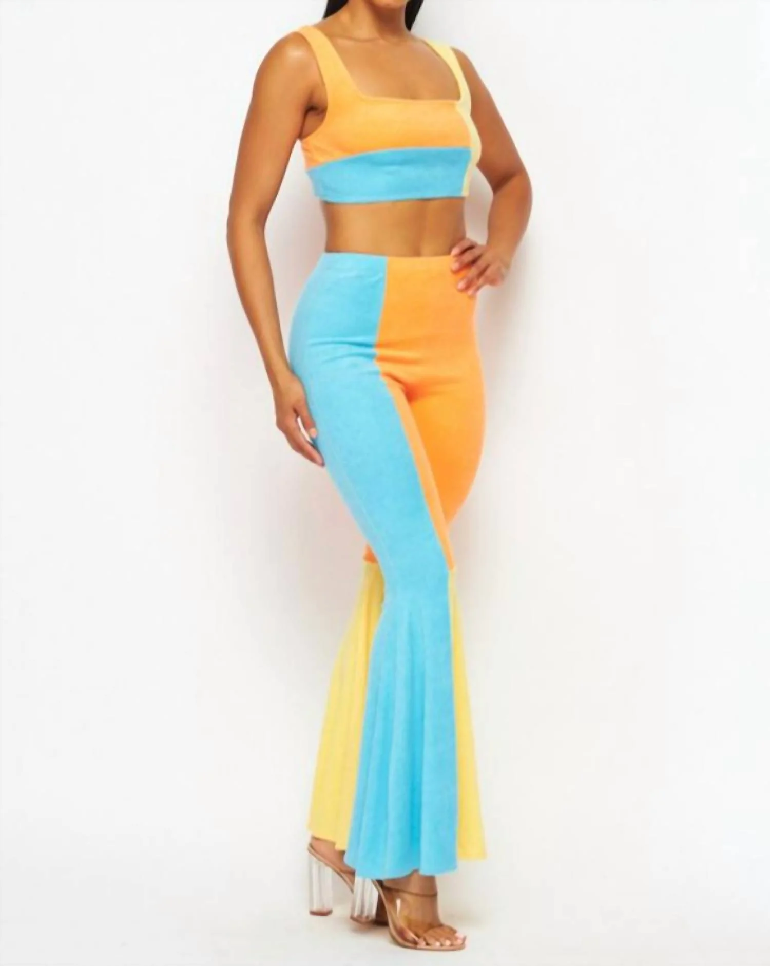 Bright Idea Terry Cloth Crop Top And Pant Set In Orange, Blue, Yellow