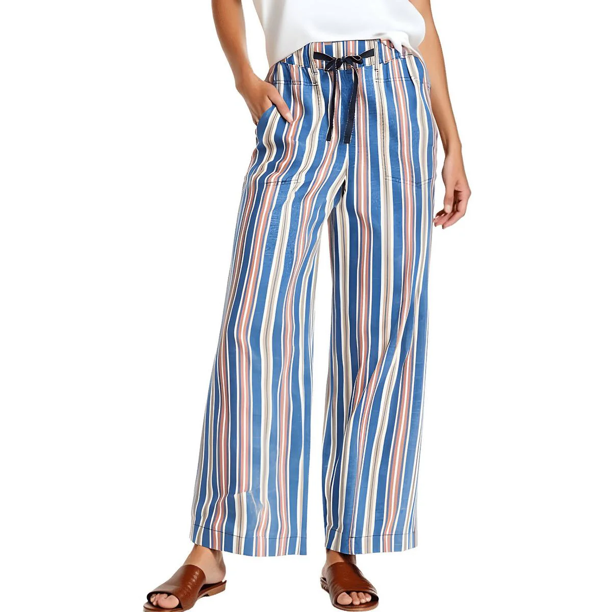 Womens Striped Cotton Wide Leg Pants