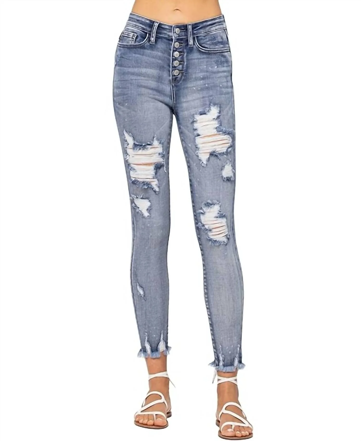 High-Waist Button Fly Bleach Splash Destroyed Skinny Jean In Light Blue