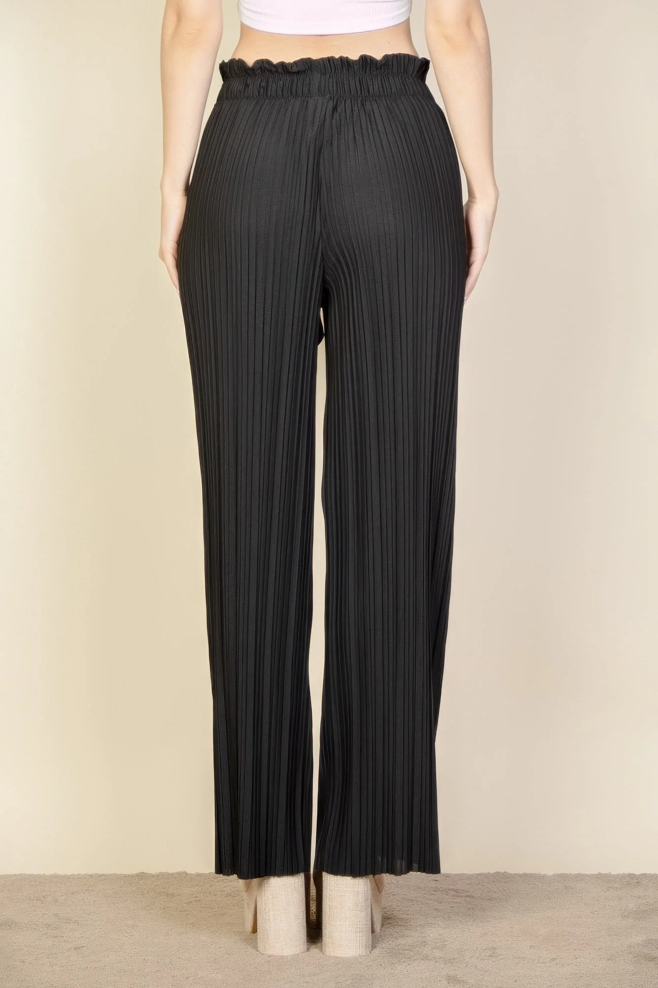 FASHNZFAB Women's Pleated Stretch Crepe Pull-on Wide Leg Tie Front Pants