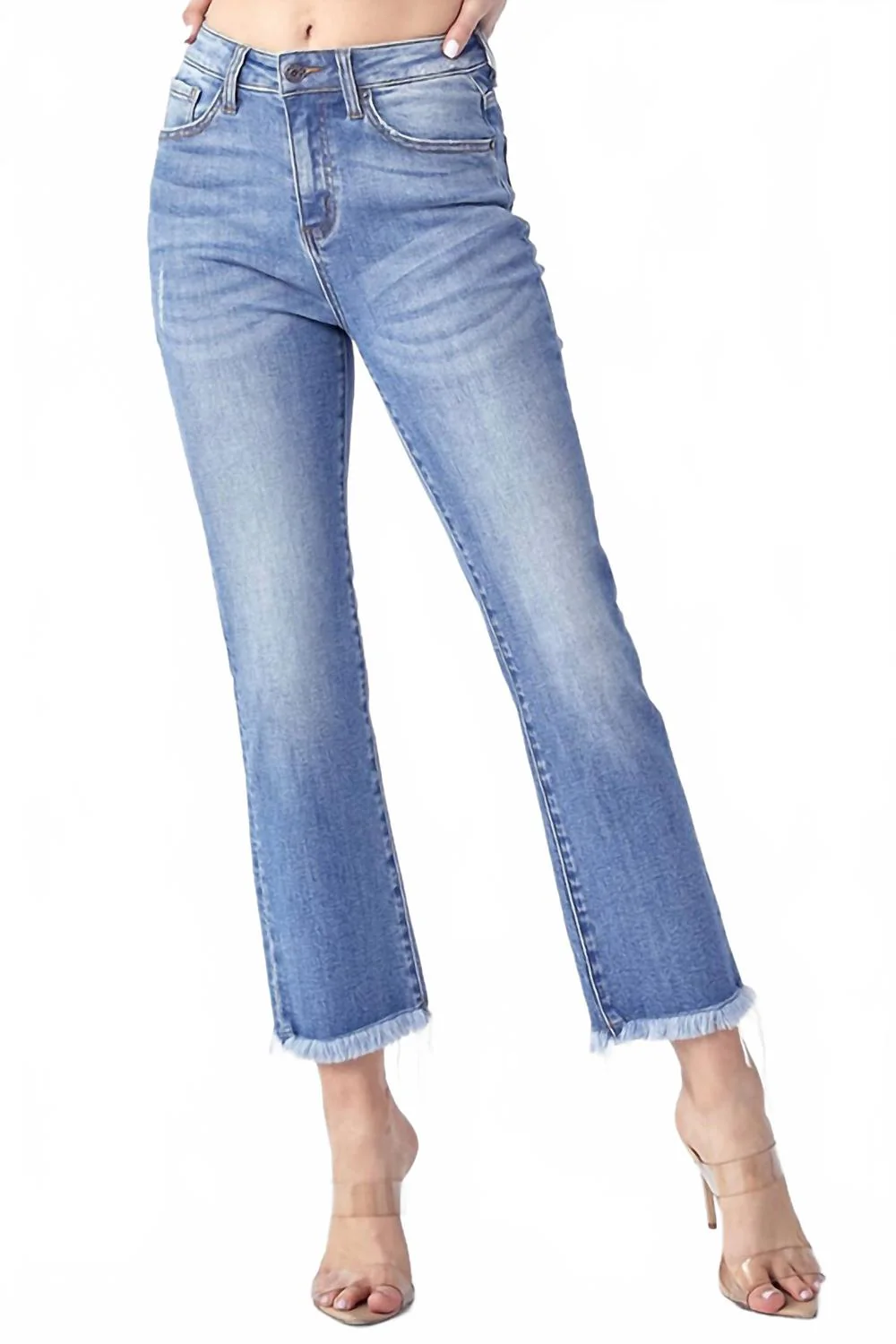 Mid Rise Raw Hem Straight Denim In Light Wash