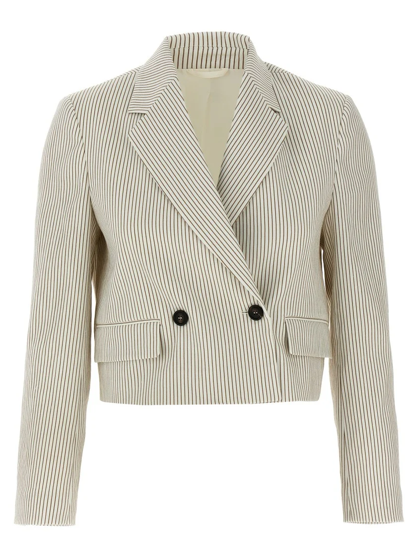 Pinstriped Linen And Cotton Double-Breasted Blazer