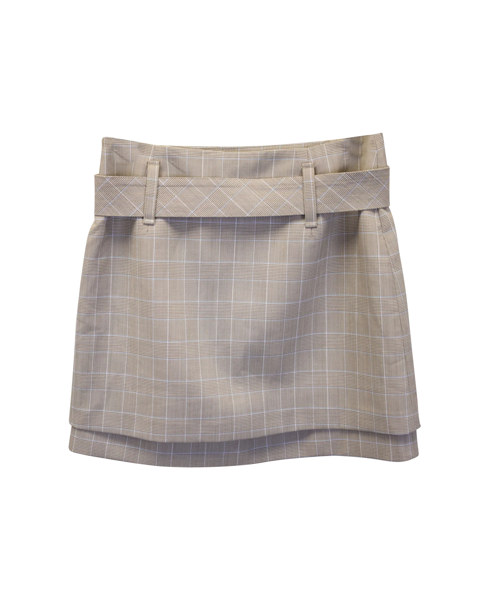 Maje Jikam Belted Checked Layered Mini Skirt in Beige Viscose