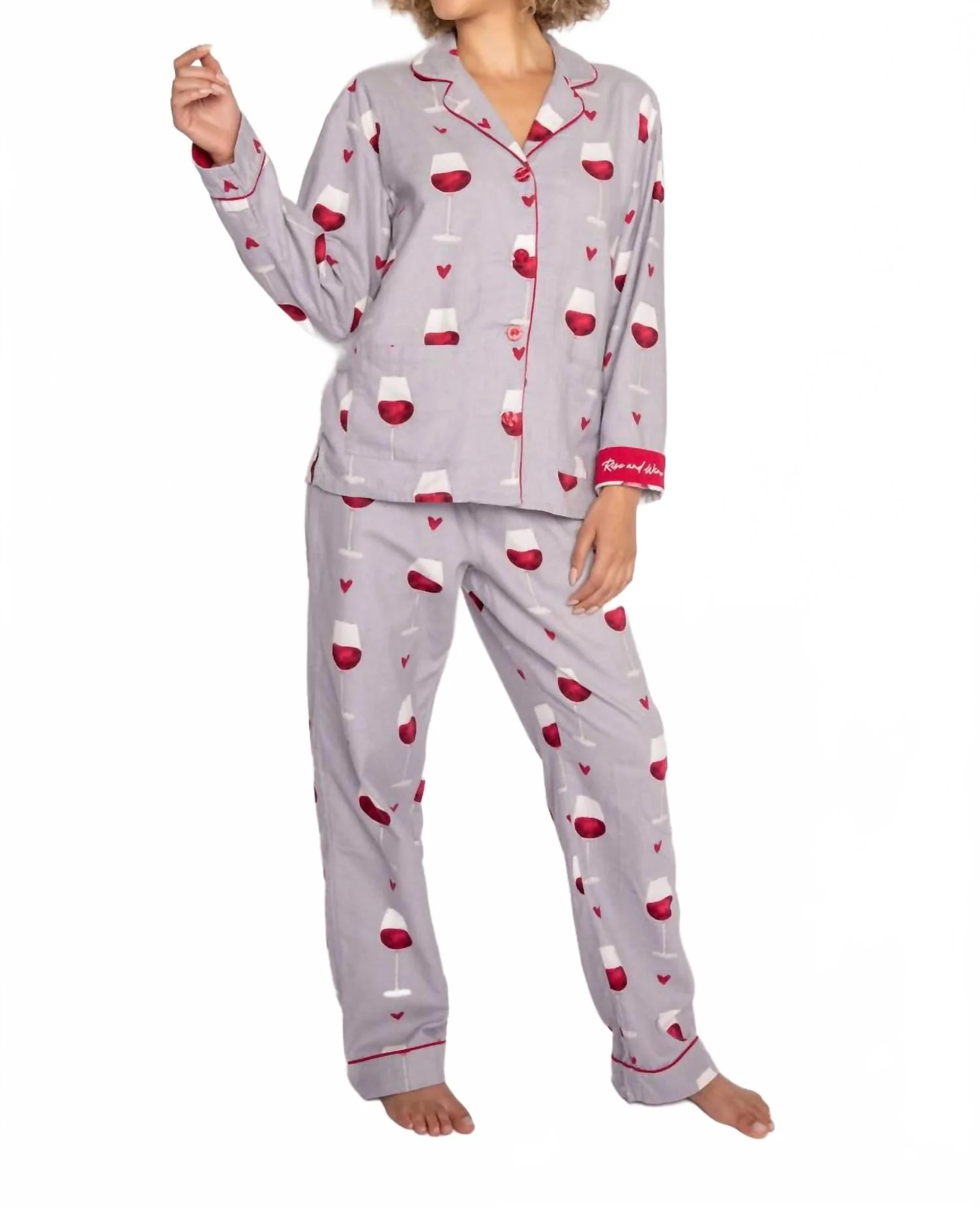 Rise And Wine Flannel Pajama Set In Grey