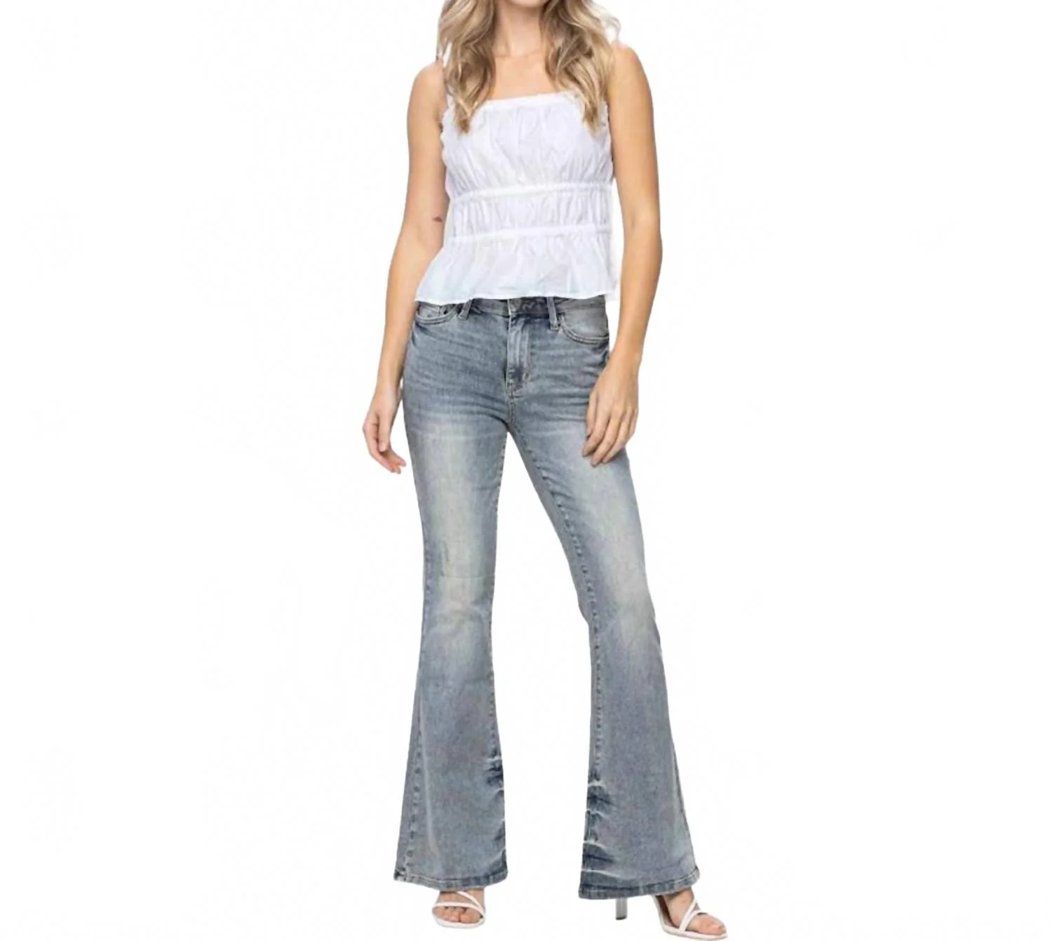 Tinted Pin Tack Flare Jeans In Washed Out Medium Blue