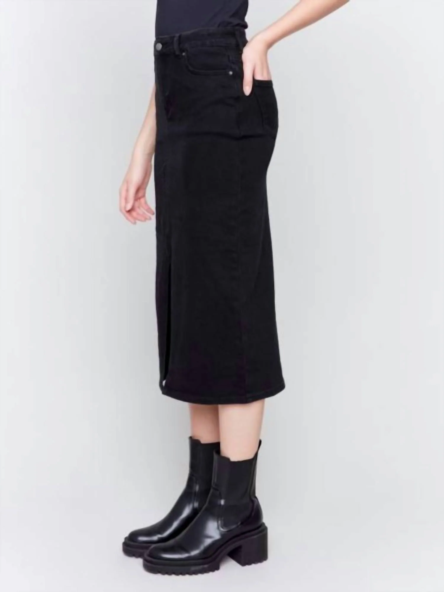 Long Denim Midi Skirt In Charcoal