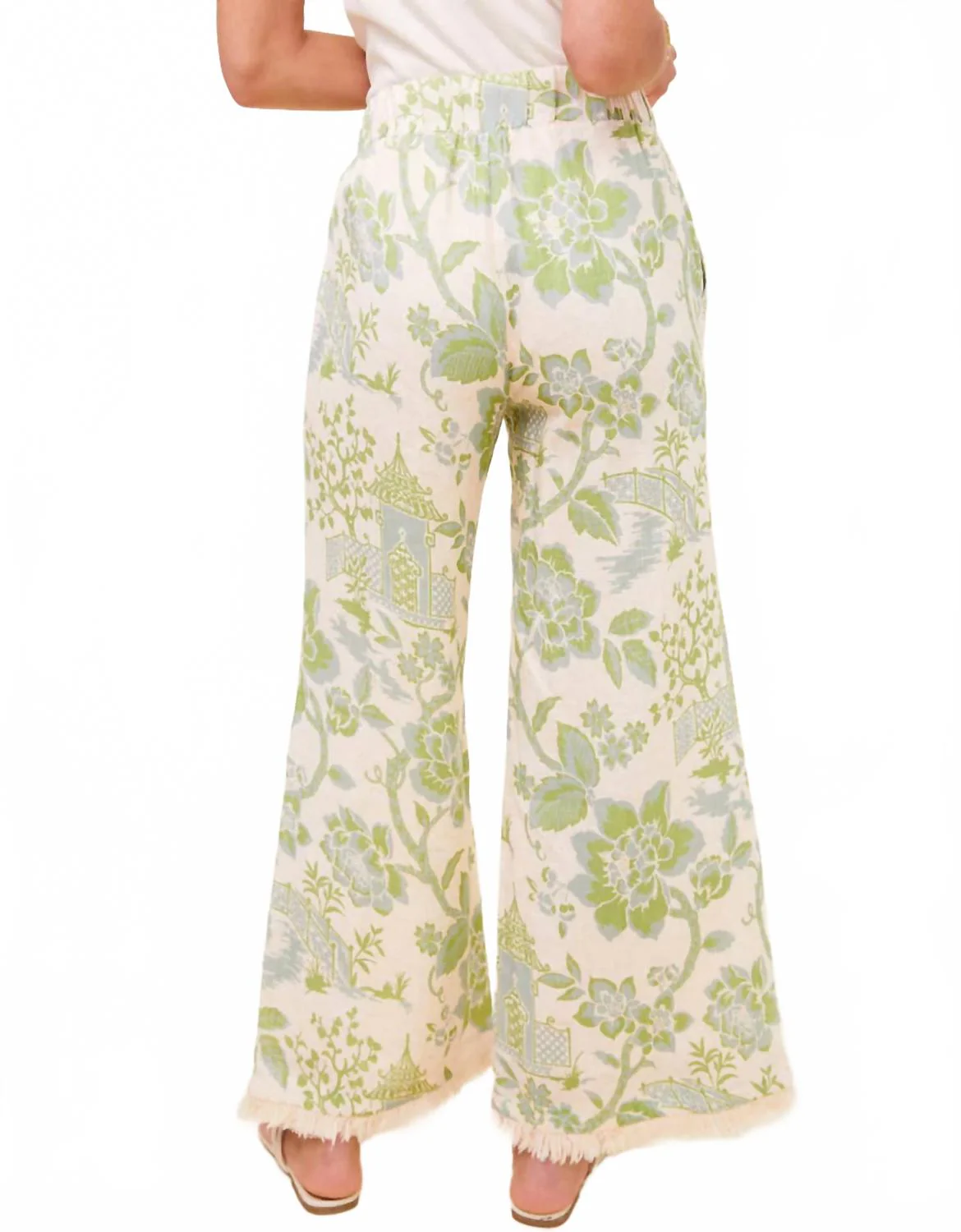 Resort Fringe Palazzo Pant In Enclave Toile Surf Green