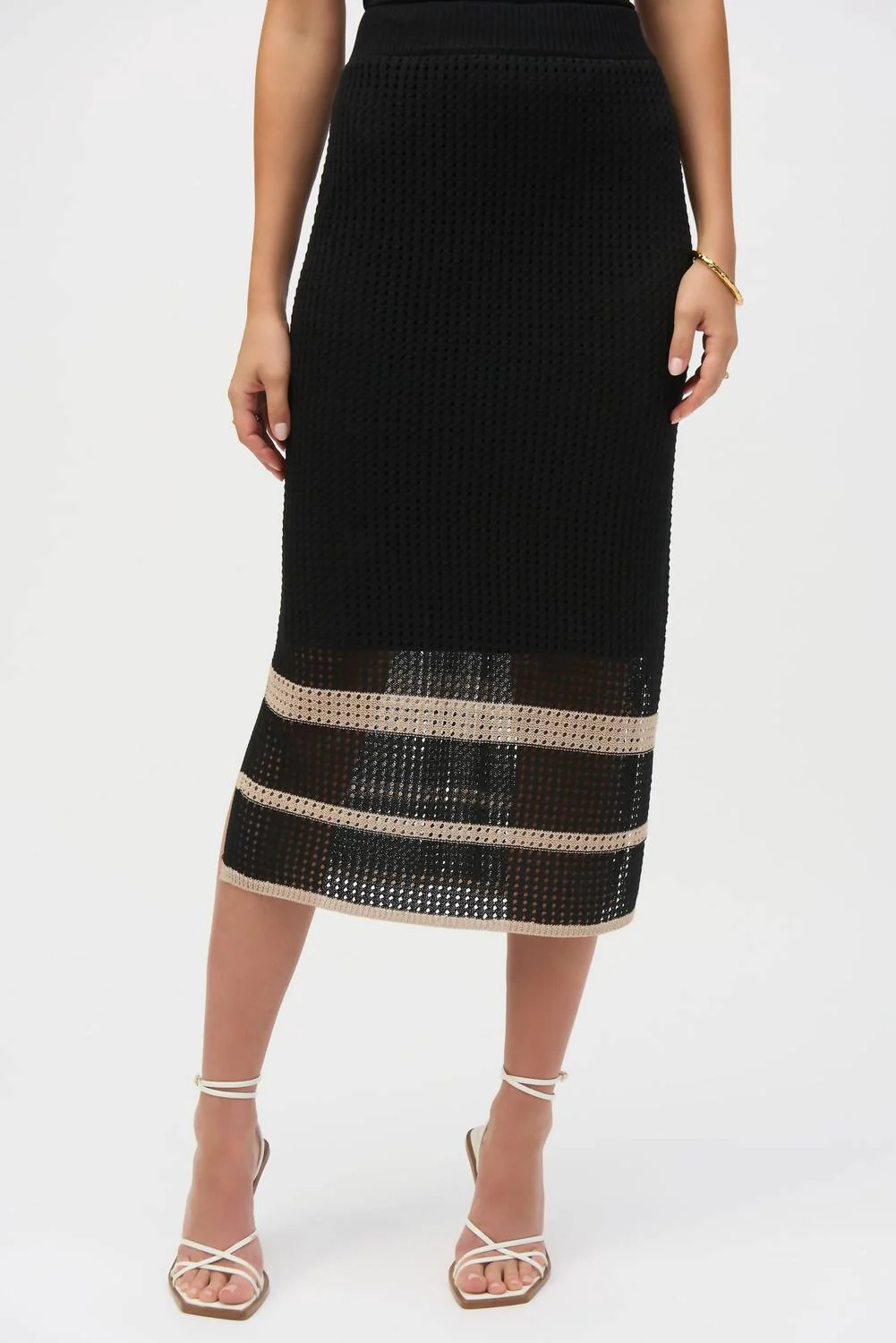Sweater Knit Open Stitch Stripe Skirt In Black/parchment