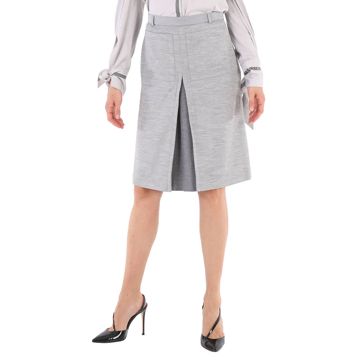 Burberry Cloud Grey Technical Wool Jersey Box-pleat Detail A-line Skirt