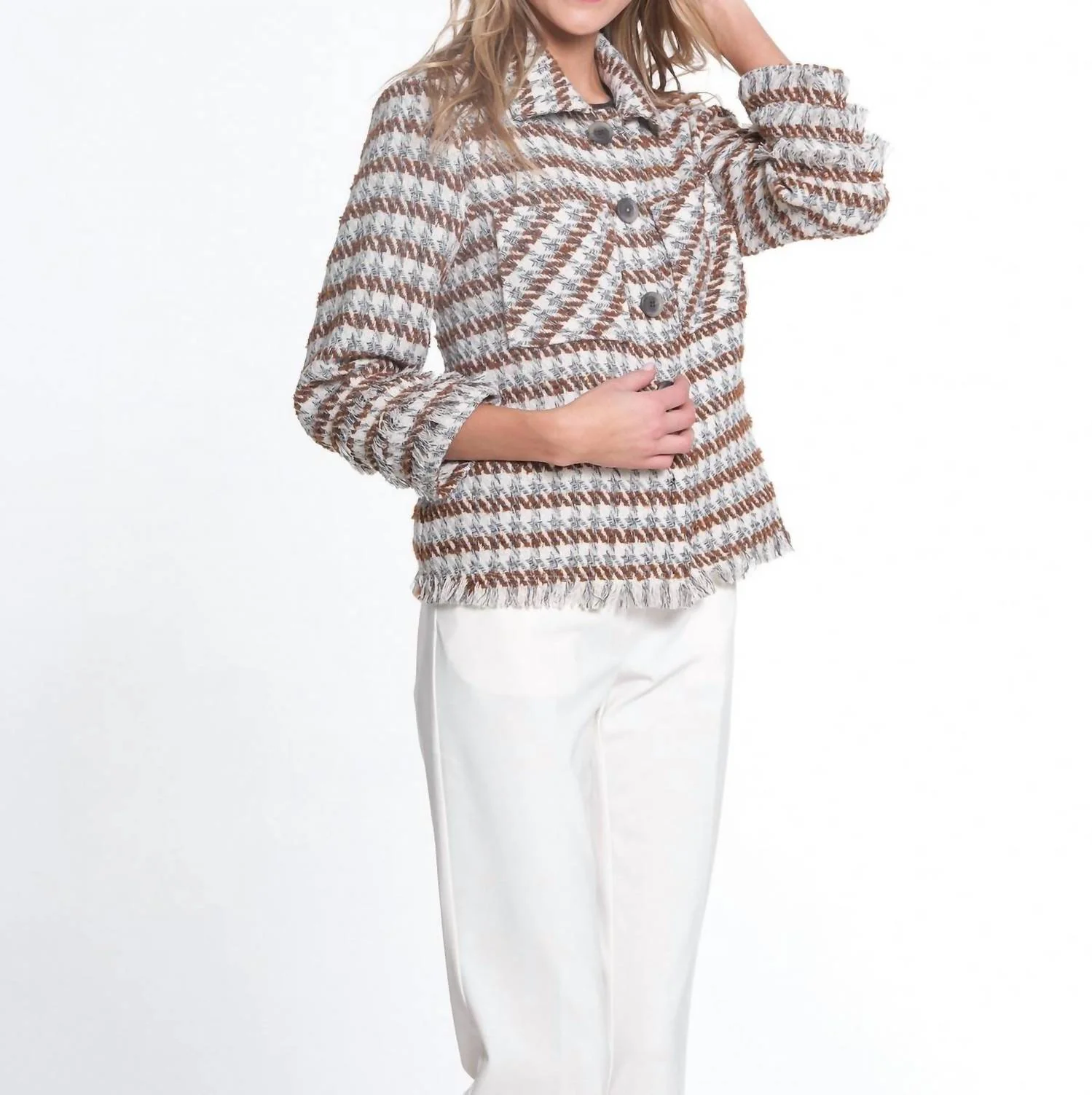 Triple Fringe 3/4 Sleeve 2-Pocket Button & Snap Front Jacket In Multi