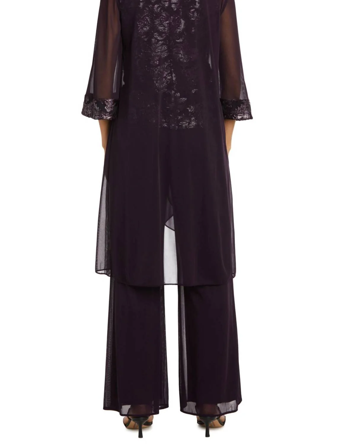 3-Piece Beaded Neck Duster Pants Set In Eggplant