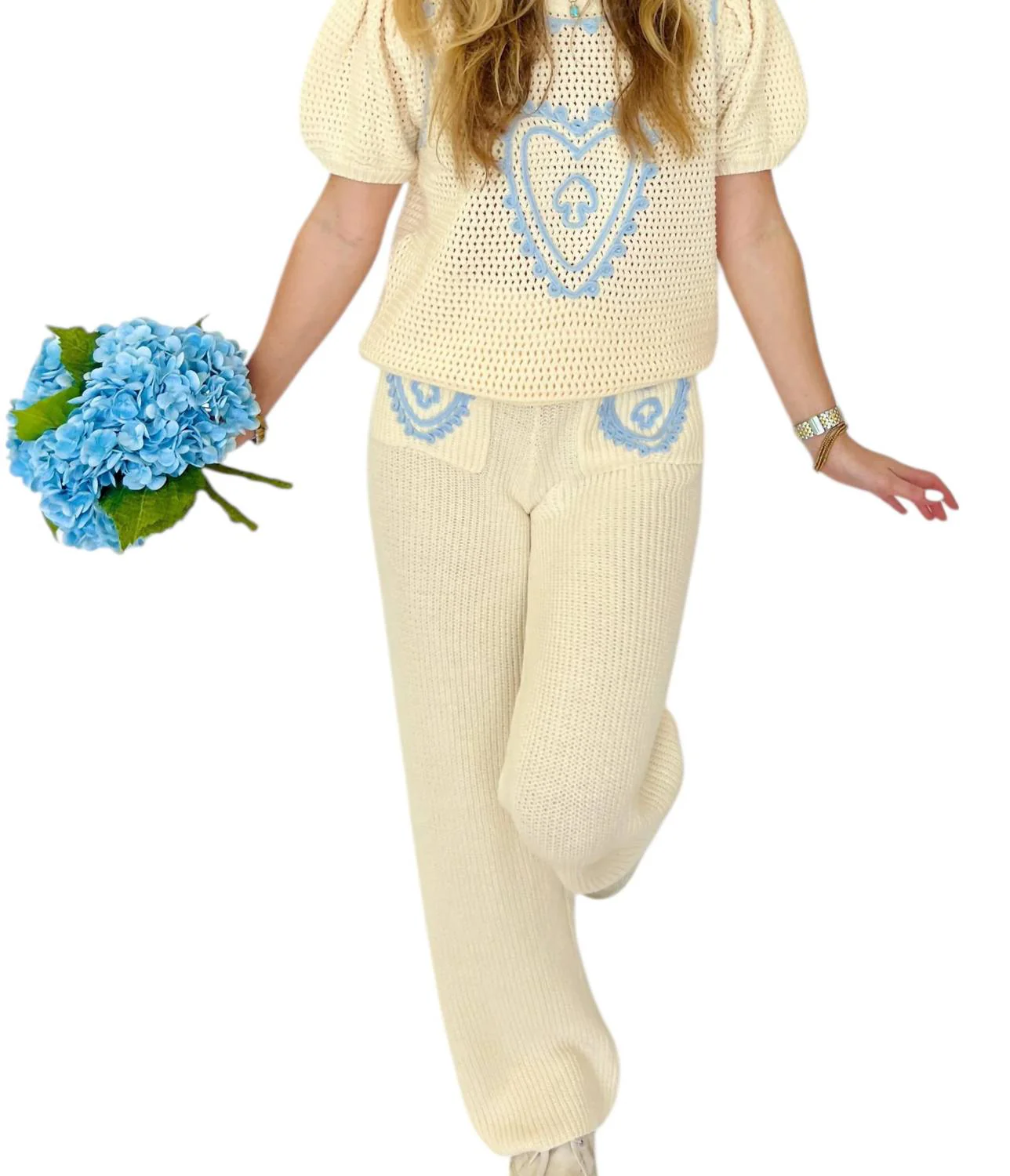 Celine Puff Sleeve Top And Pants Set In Beige